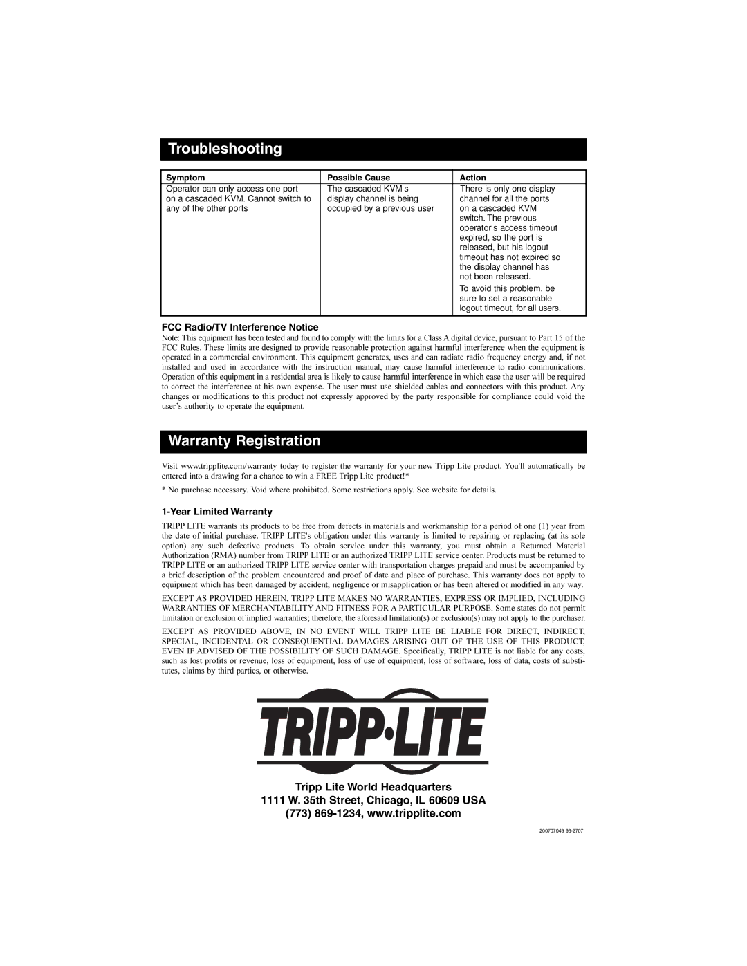 Tripp Lite B060-016-2 Troubleshooting, Warranty Registration, FCC Radio/TV Interference Notice, Year Limited Warranty 