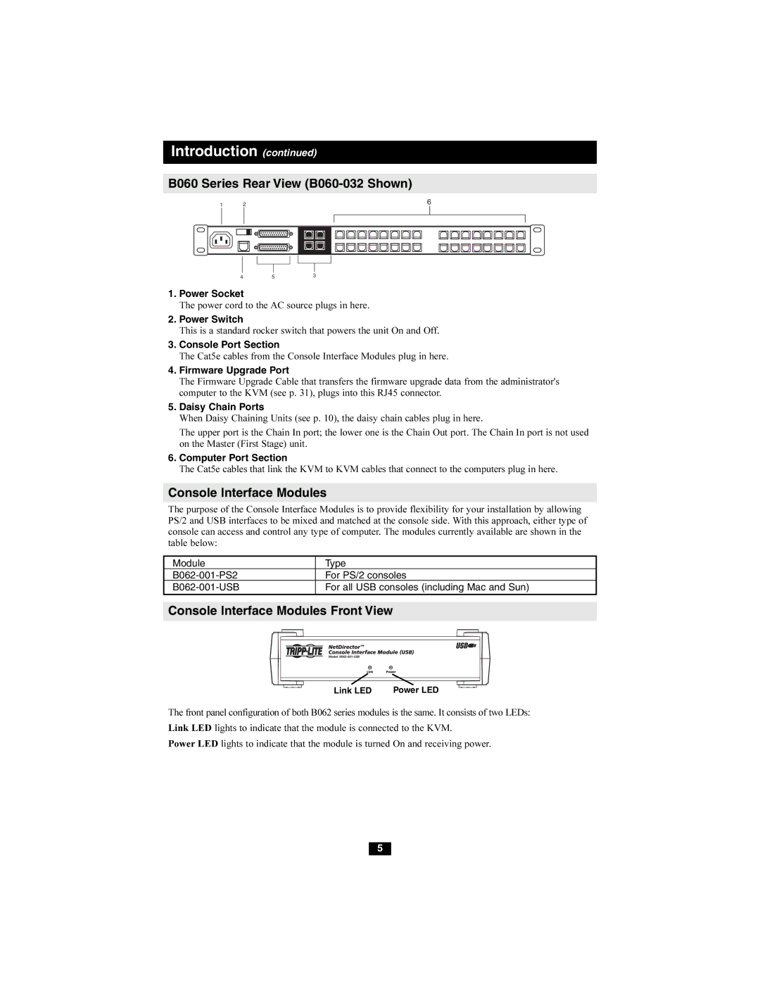 Tripp Lite B060-016-2 owner manual B060 Series Rear View B060-032 Shown, Console Interface Modules 