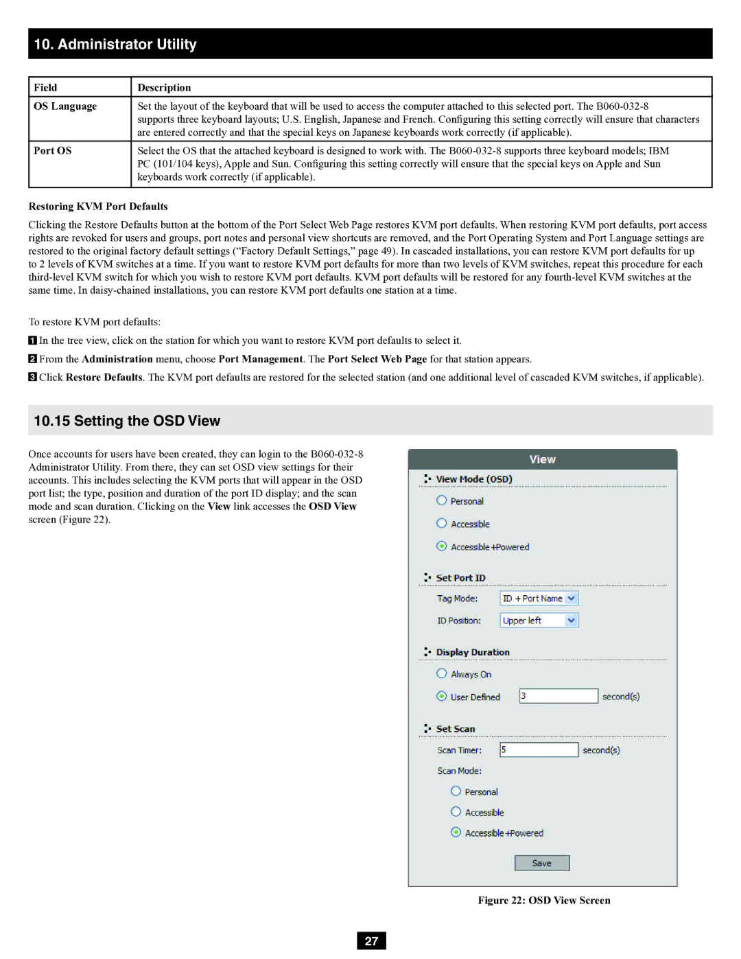 Tripp Lite B060-032-8 Setting the OSD View, Field Description OS Language, Port OS, Restoring KVM Port Defaults 