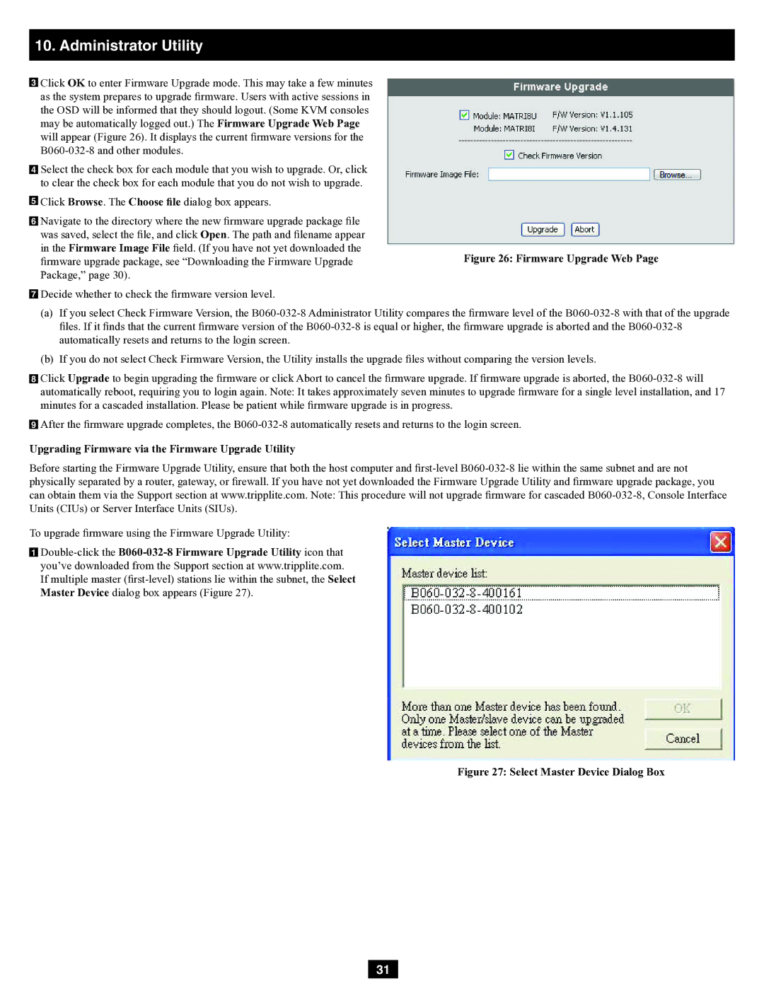 Tripp Lite B060-032-8 owner manual Upgrading Firmware via the Firmware Upgrade Utility, Select Master Device Dialog Box 