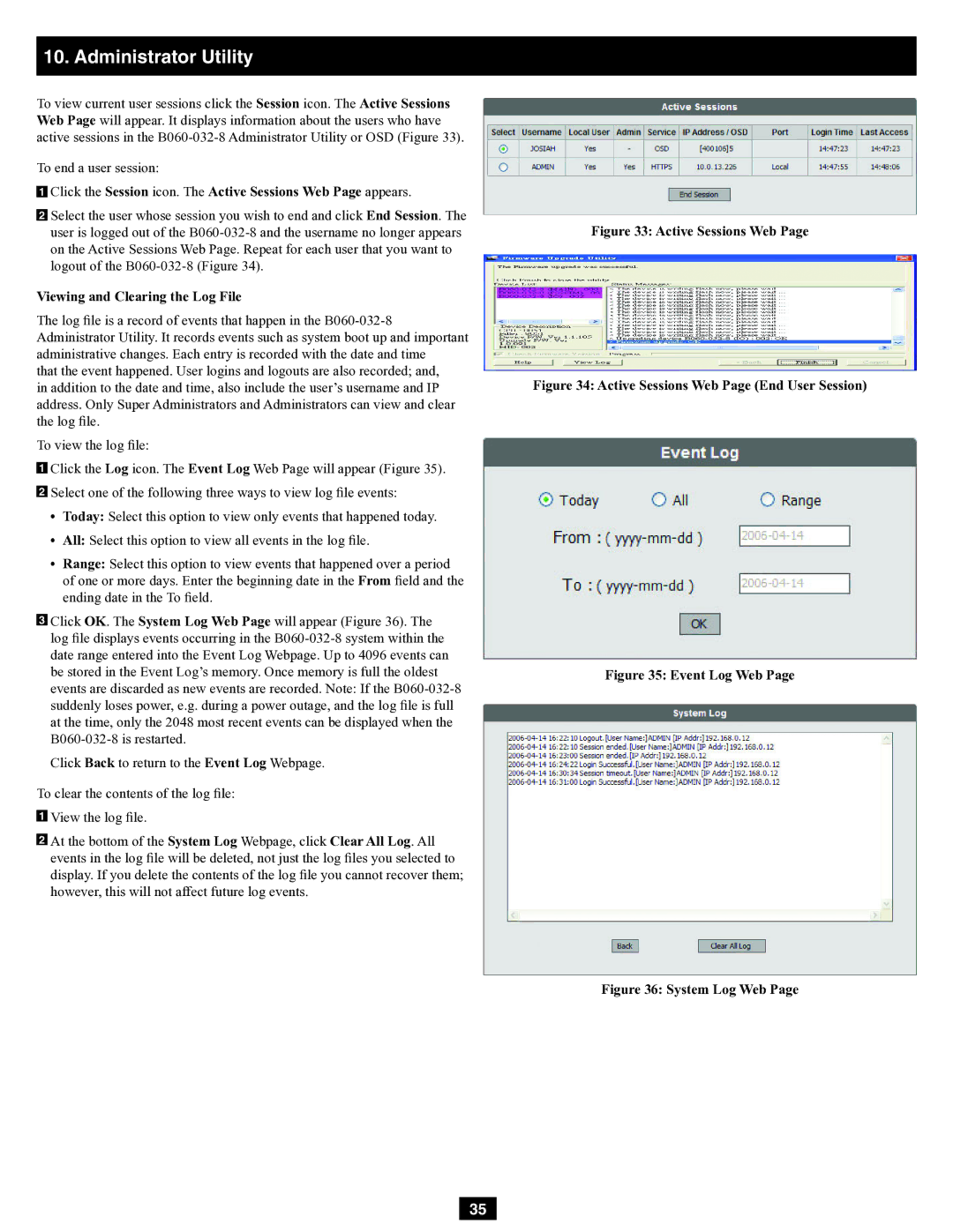 Tripp Lite B060-032-8 owner manual Viewing and Clearing the Log File, Active Sessions Web 