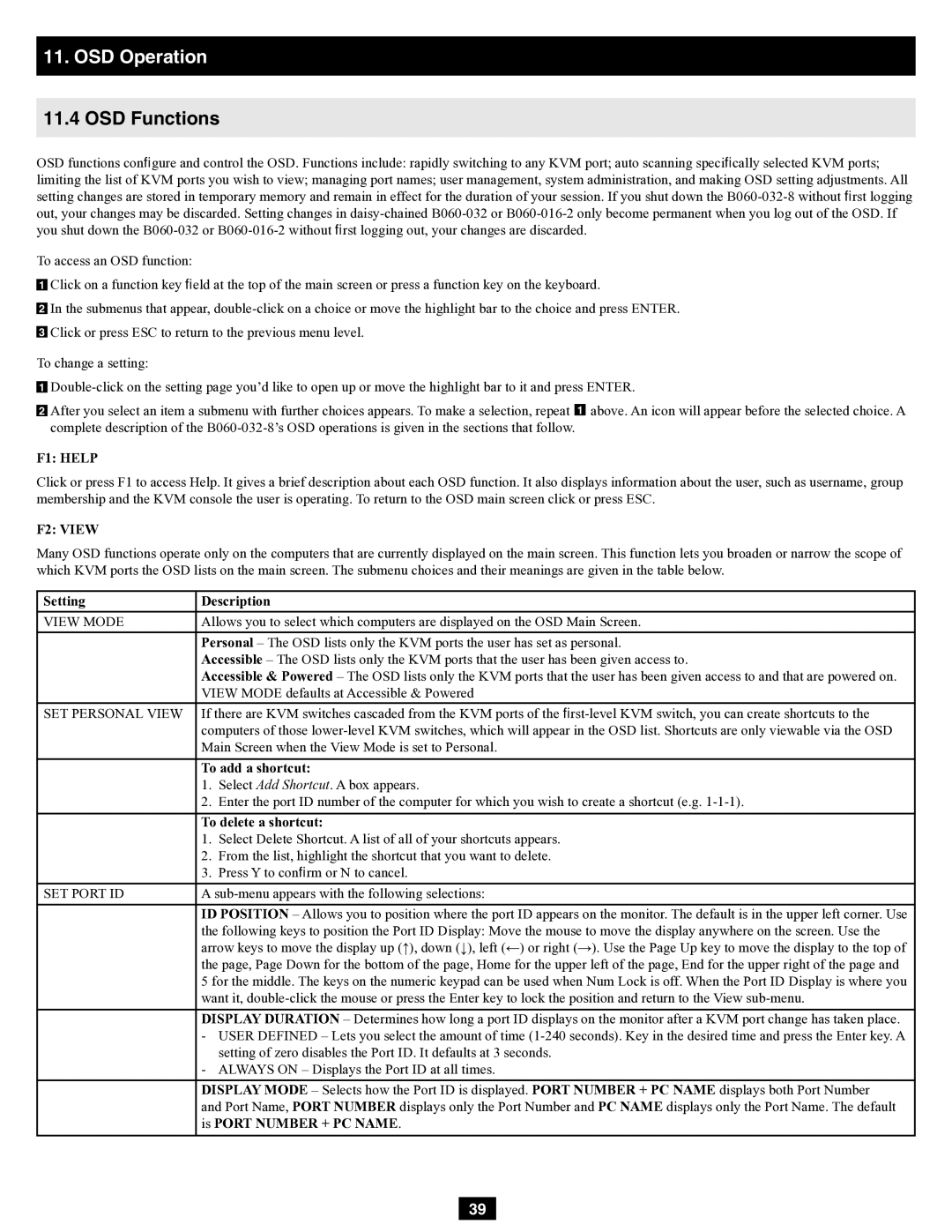 Tripp Lite B060-032-8 owner manual OSD Functions, Setting Description, To add a shortcut, To delete a shortcut 