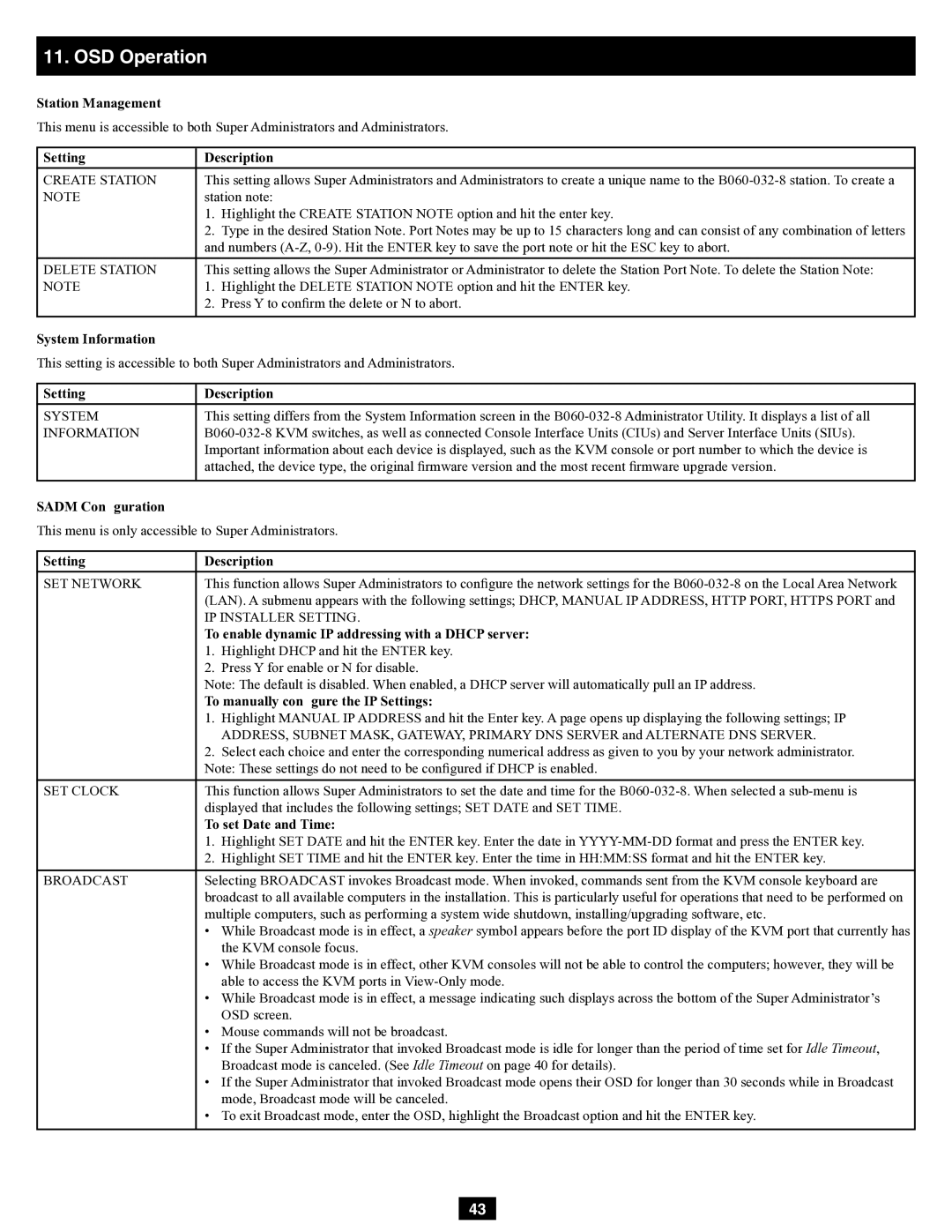 Tripp Lite B060-032-8 Station Management, System Information, Sadm Conﬁguration, To manually conﬁgure the IP Settings 