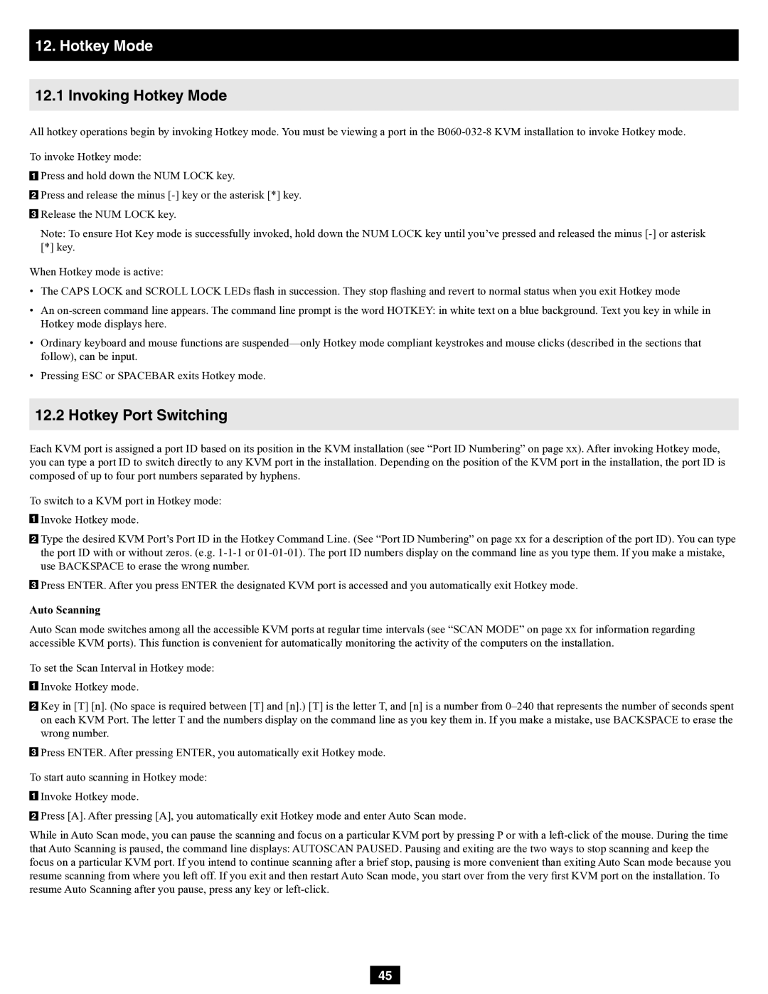 Tripp Lite B060-032-8 owner manual Invoking Hotkey Mode, Hotkey Port Switching, Auto Scanning 