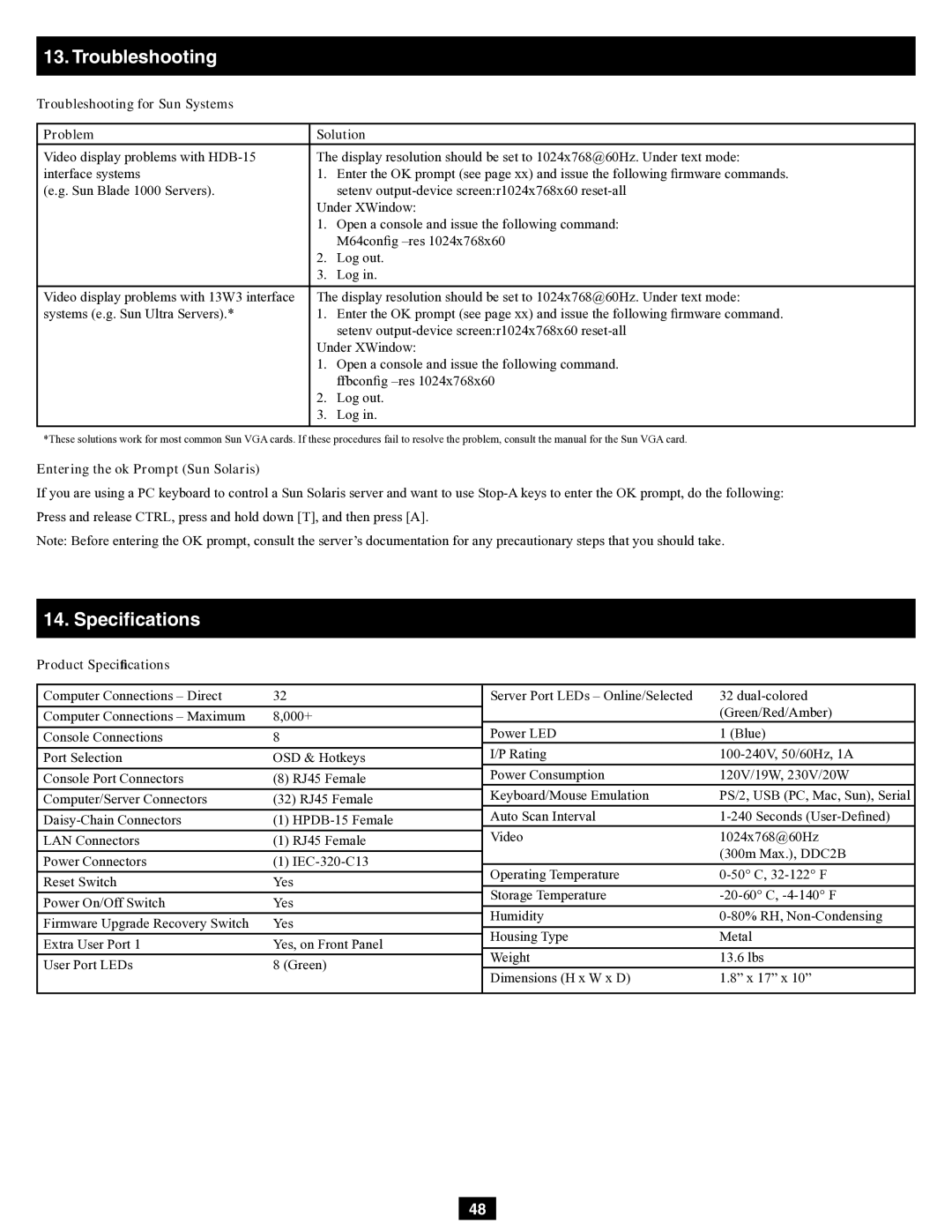 Tripp Lite B060-032-8 Speciﬁcations, Troubleshooting for Sun Systems Problem Solution, Entering the ok Prompt Sun Solaris 