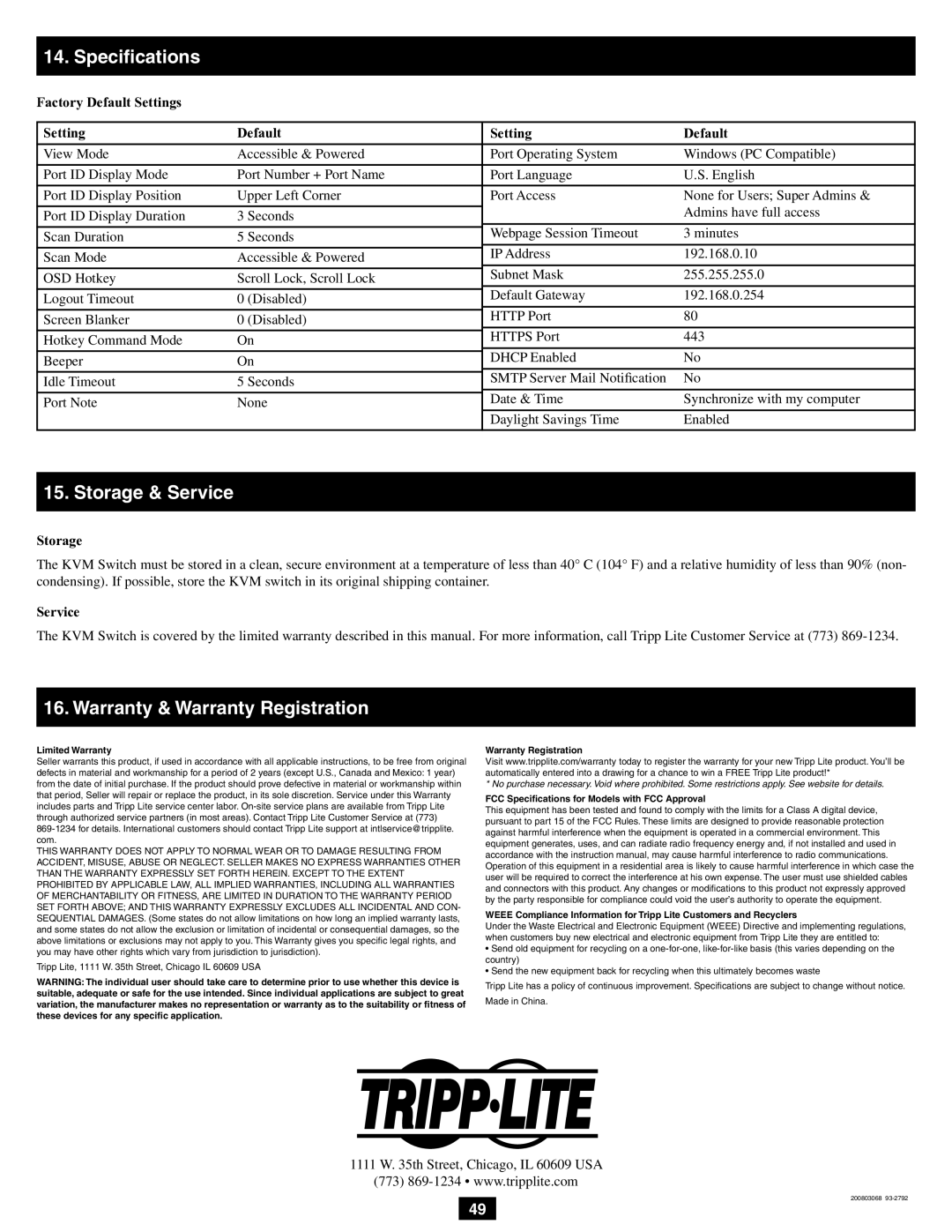 Tripp Lite B060-032-8 owner manual Storage & Service, Warranty & Warranty Registration, Factory Default Settings 