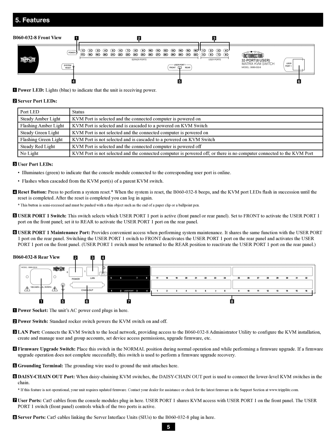 Tripp Lite owner manual Features, B060-032-8 Front View, Server Port LEDs, User Port LEDs, B060-032-8 Rear View 