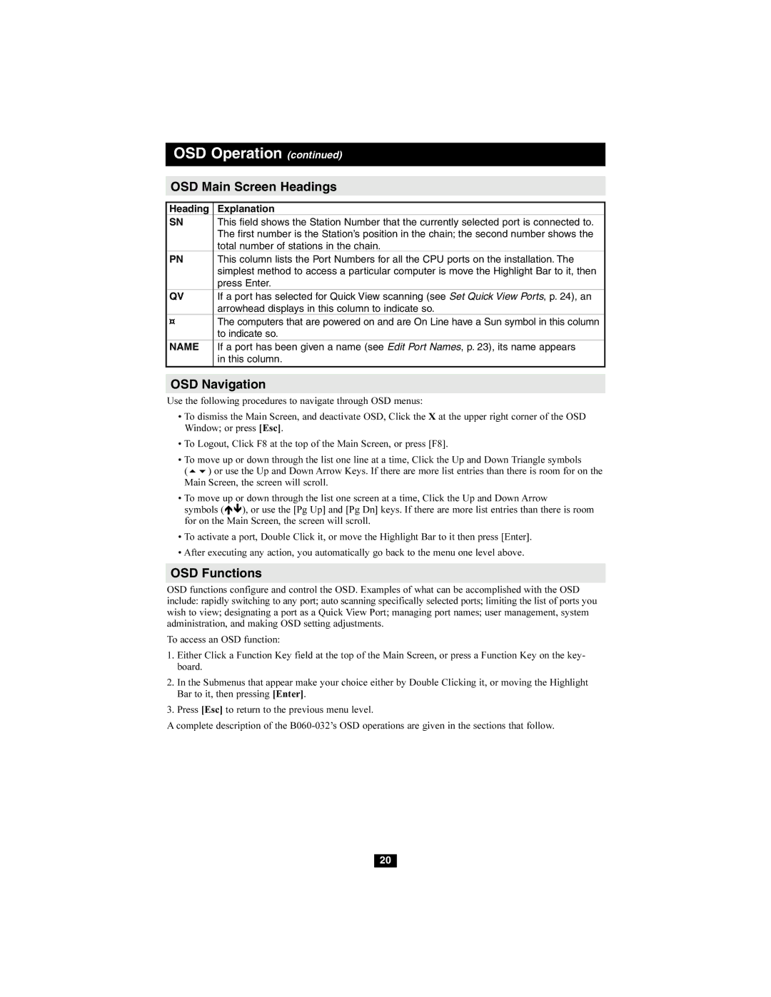 Tripp Lite B060-032 owner manual OSD Main Screen Headings, OSD Navigation, OSD Functions, Heading Explanation 