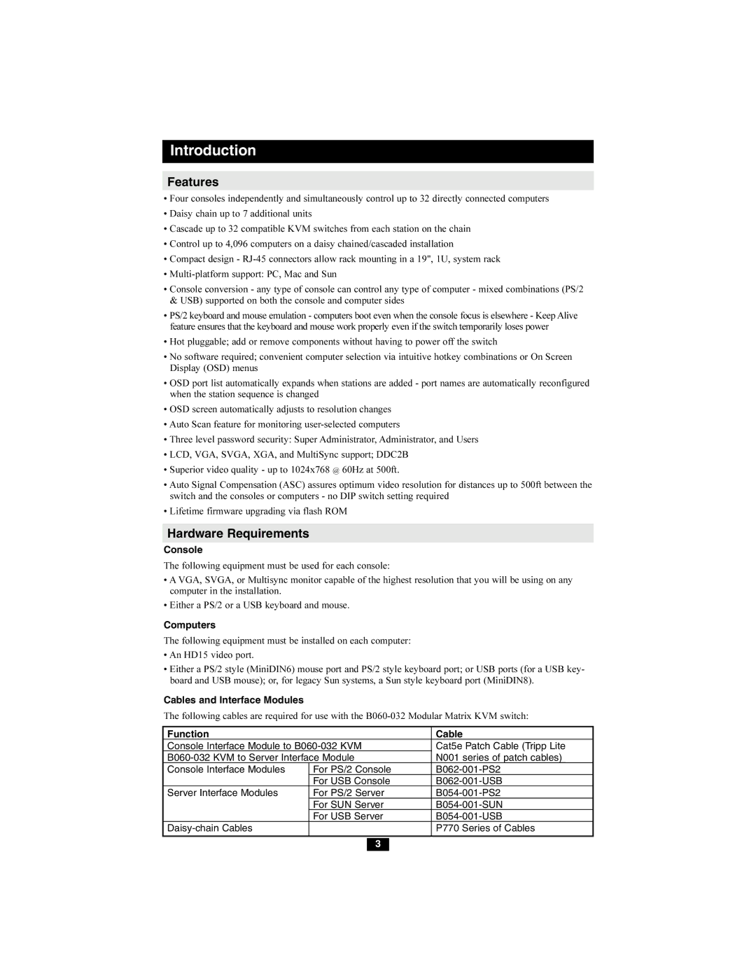 Tripp Lite B060-032 owner manual Introduction, Features, Hardware Requirements 