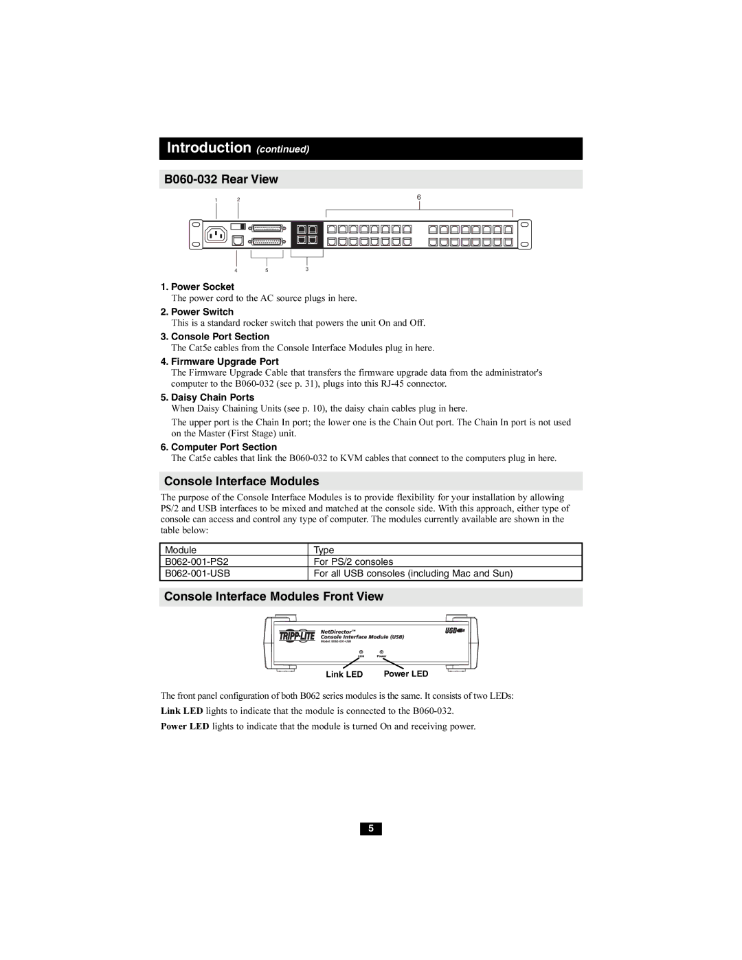 Tripp Lite owner manual B060-032 Rear View, Console Interface Modules Front View 