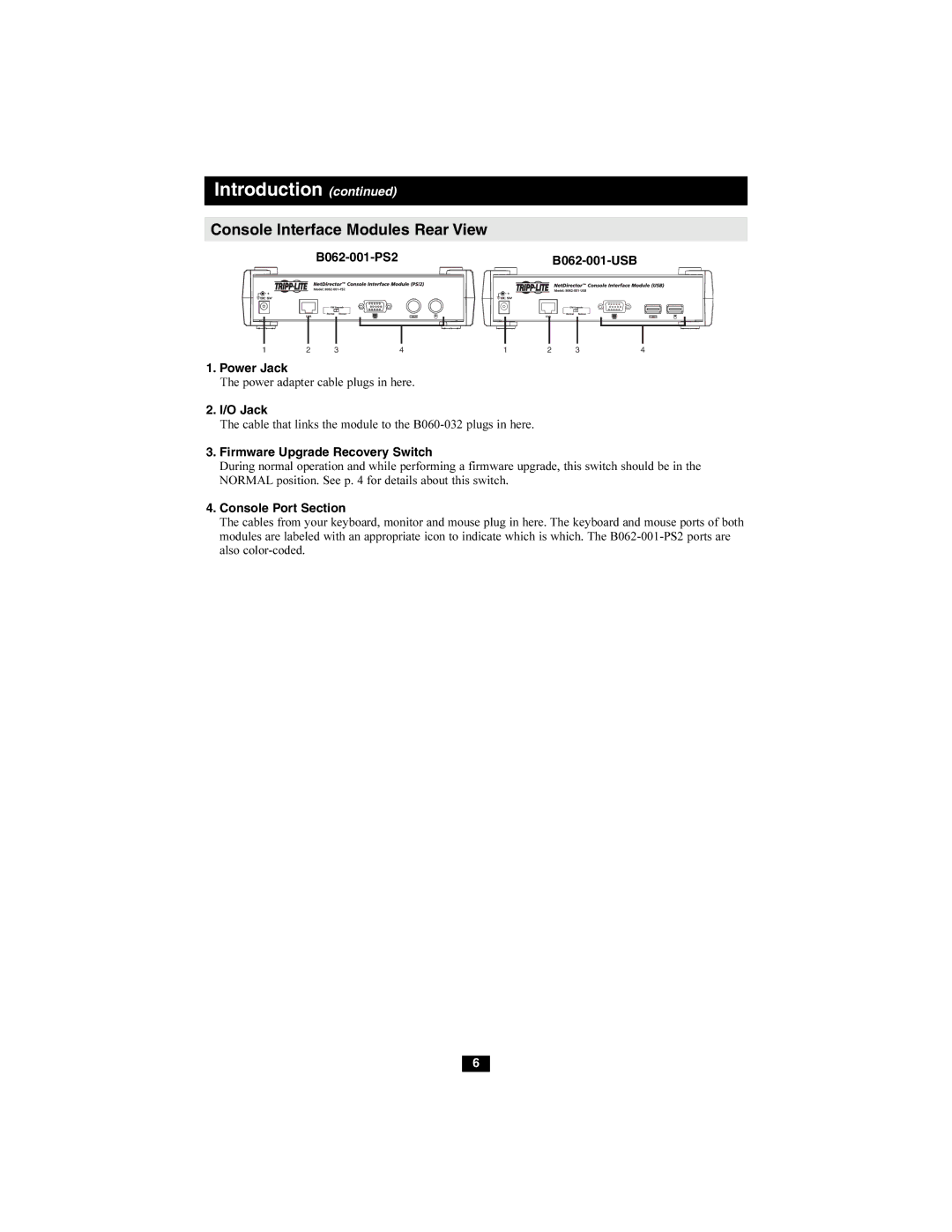 Tripp Lite B060-032 owner manual Console Interface Modules Rear View, B062-001-PS2B062-001-USB Power Jack, O Jack 