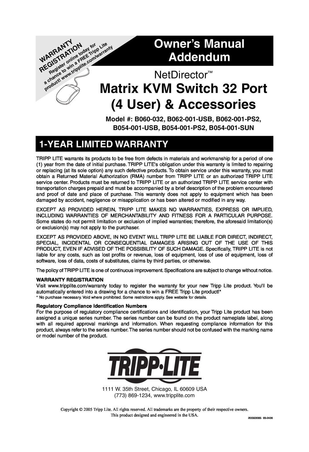 Tripp Lite B054-001-USB owner manual Matrix KVM Switch 32 Port, User & Accessories, Owner’s Manual, Addendum, NetDirector 