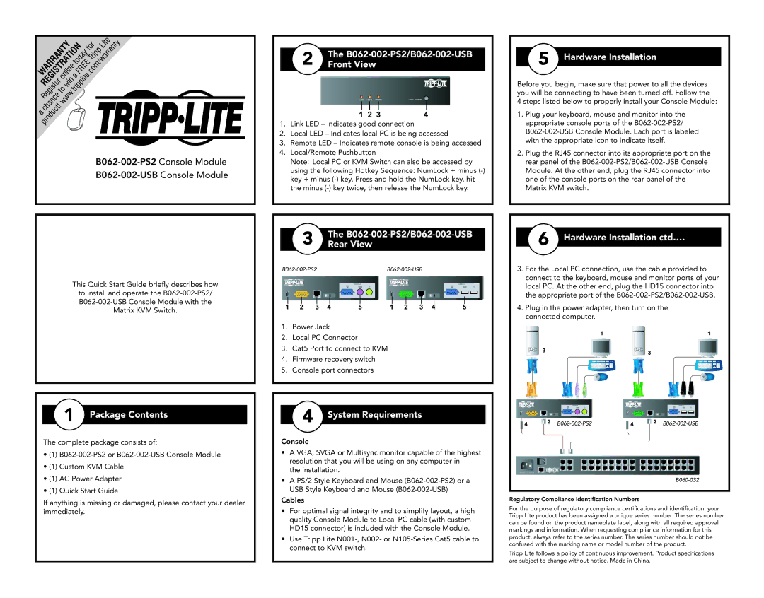 Tripp Lite warranty B062-002-PS2/B062-002-USB, Front View, Hardware Installation, Package Contents, Rear View 