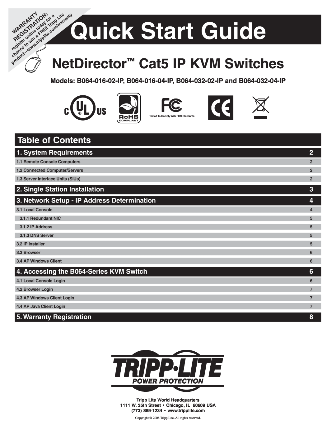 Tripp Lite B064-016-04-IP quick start Table of Contents, Quick, Start Guide, NetDirector, Cat5 IP KVM Switches 