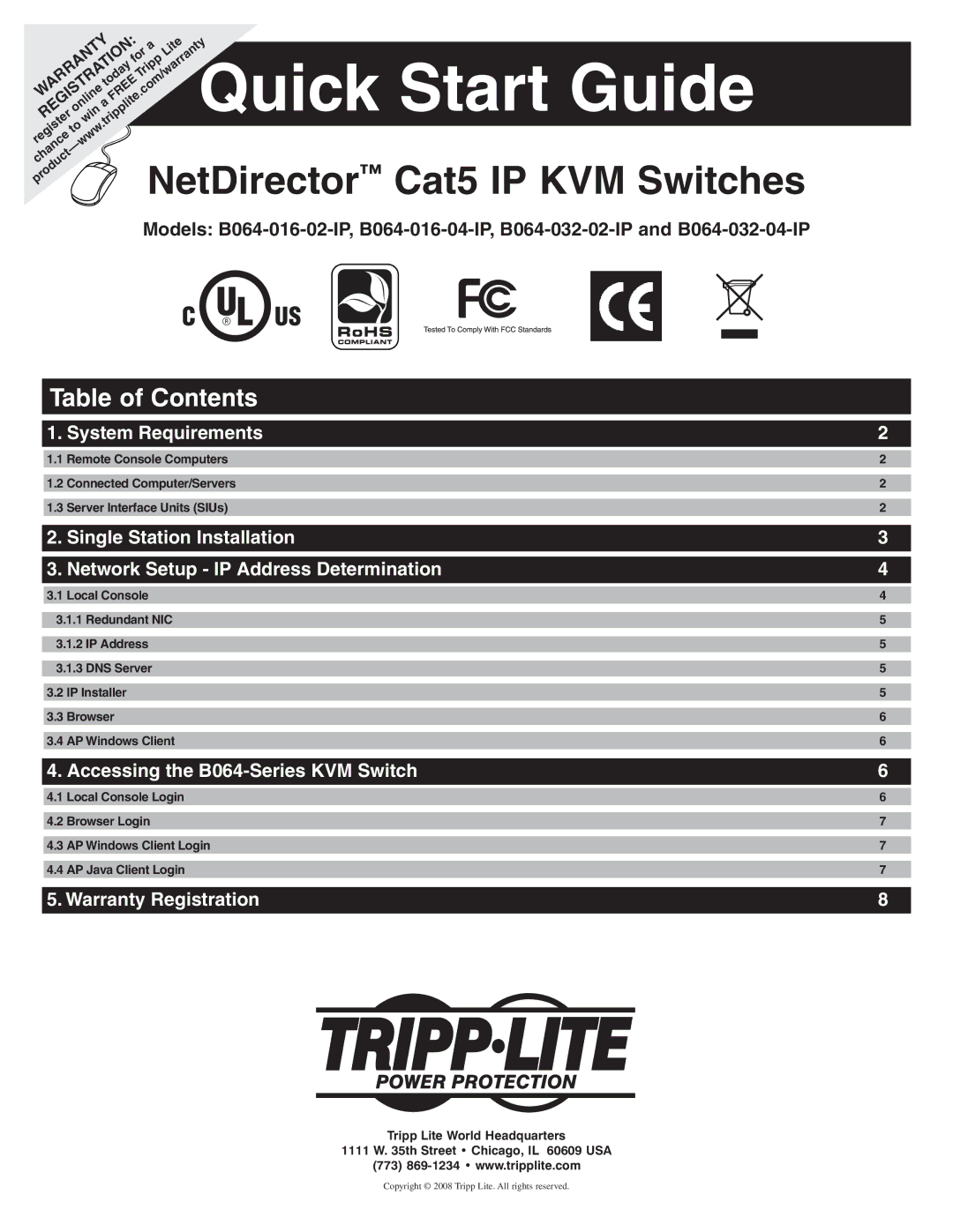 Tripp Lite B064-016-04-IP quick start Start Guide, Table of Contents 