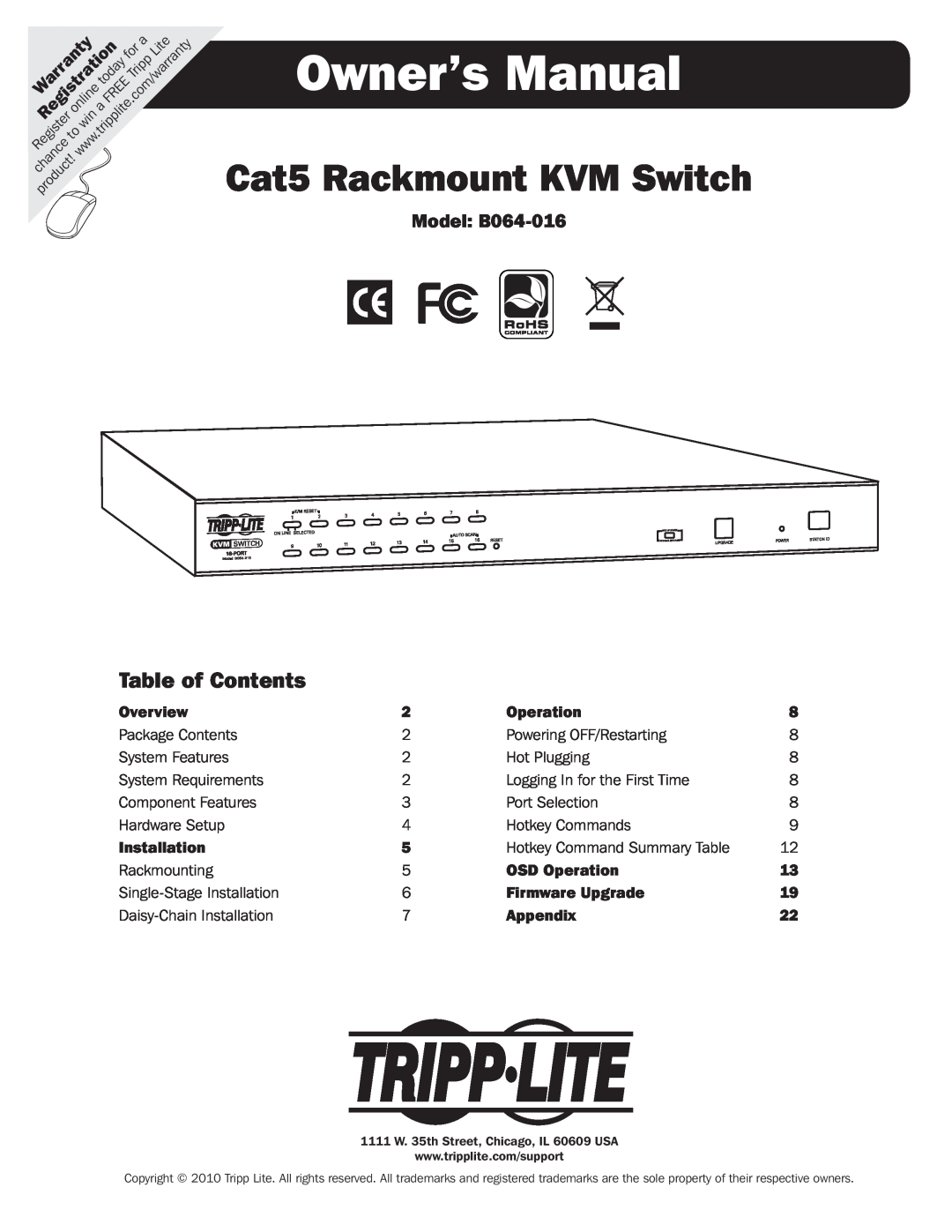 Tripp Lite owner manual Model B064-016, Overview, Installation, OSD Operation, Firmware Upgrade, Appendix 