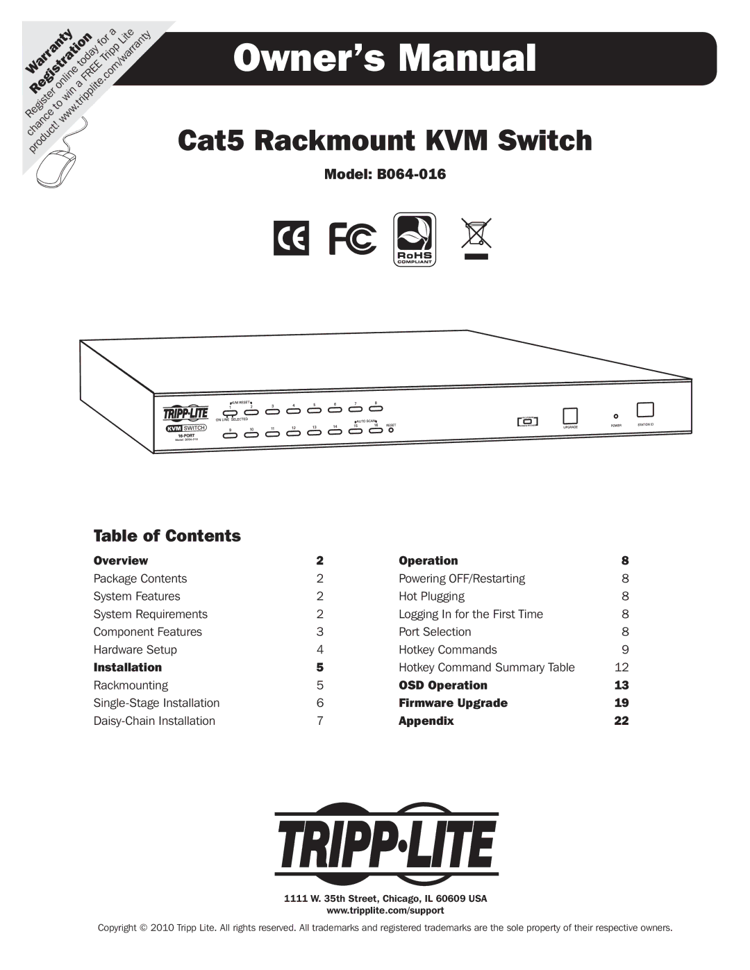 Tripp Lite B064-016 owner manual Cat5 Rackmount KVM Switch 