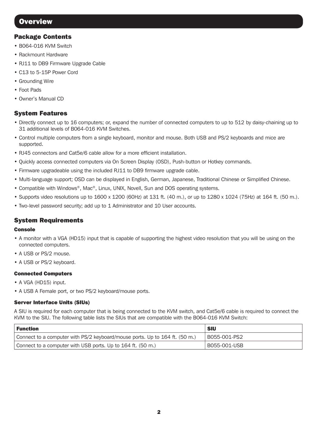 Tripp Lite B064-016 owner manual Overview, Package Contents, System Features, System Requirements 