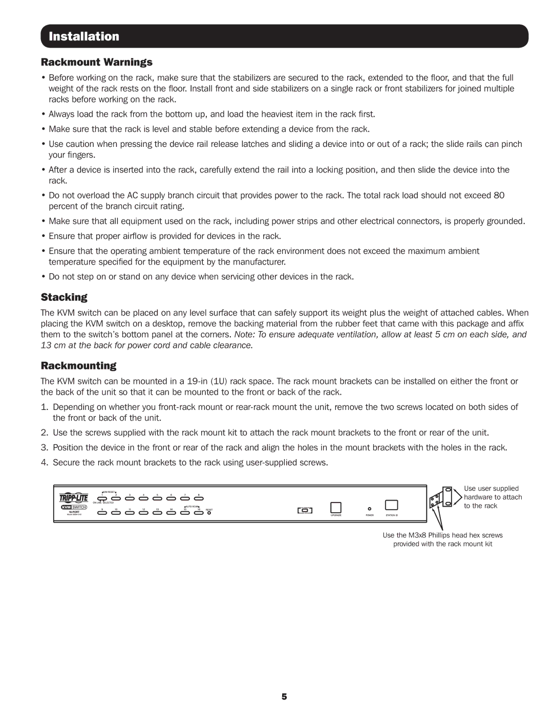 Tripp Lite B064-016 owner manual Installation, Rackmount Warnings, Stacking, Rackmounting 