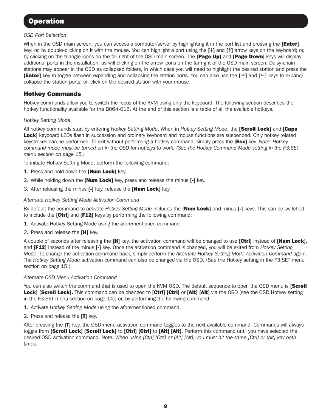 Tripp Lite B064-016 Hotkey Commands, OSD Port Selection, Hotkey Setting Mode, Alternate OSD Menu Activation Command 