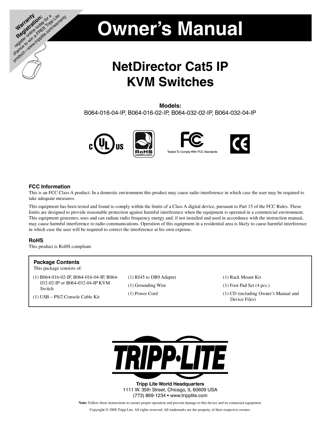 Tripp Lite B064-016-02-IP, B064-032-02-IP, B064-032-04-IP owner manual NetDirector Cat5 IP KVM Switches, Models 