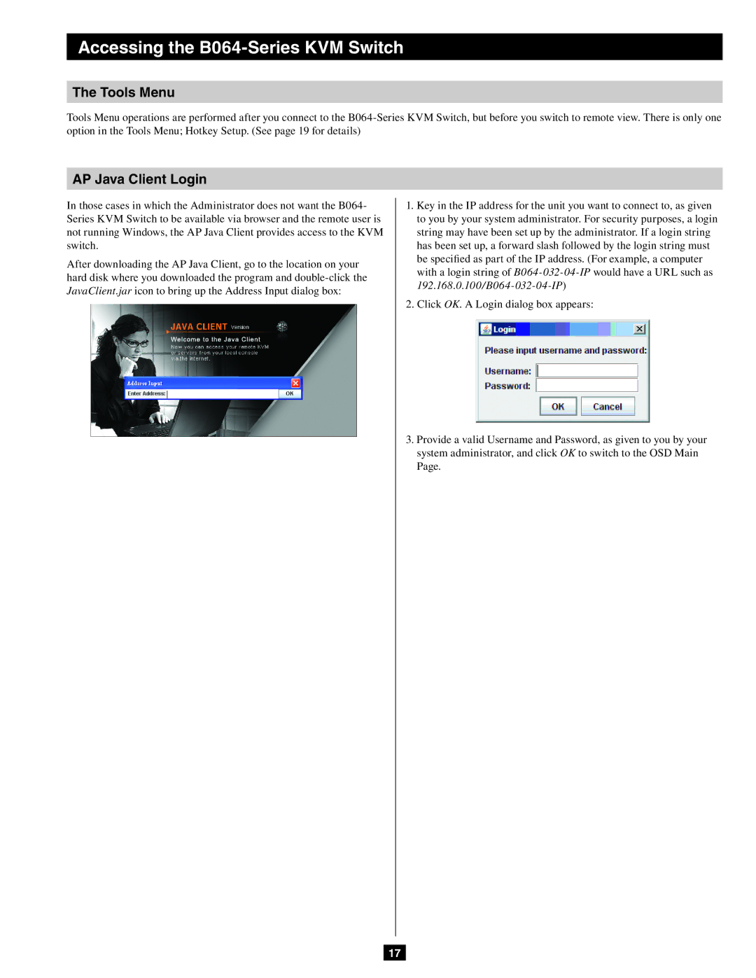 Tripp Lite B064-032-04-IP, B064-032-02-IP, B064-016-02-IP owner manual Tools Menu, AP Java Client Login 