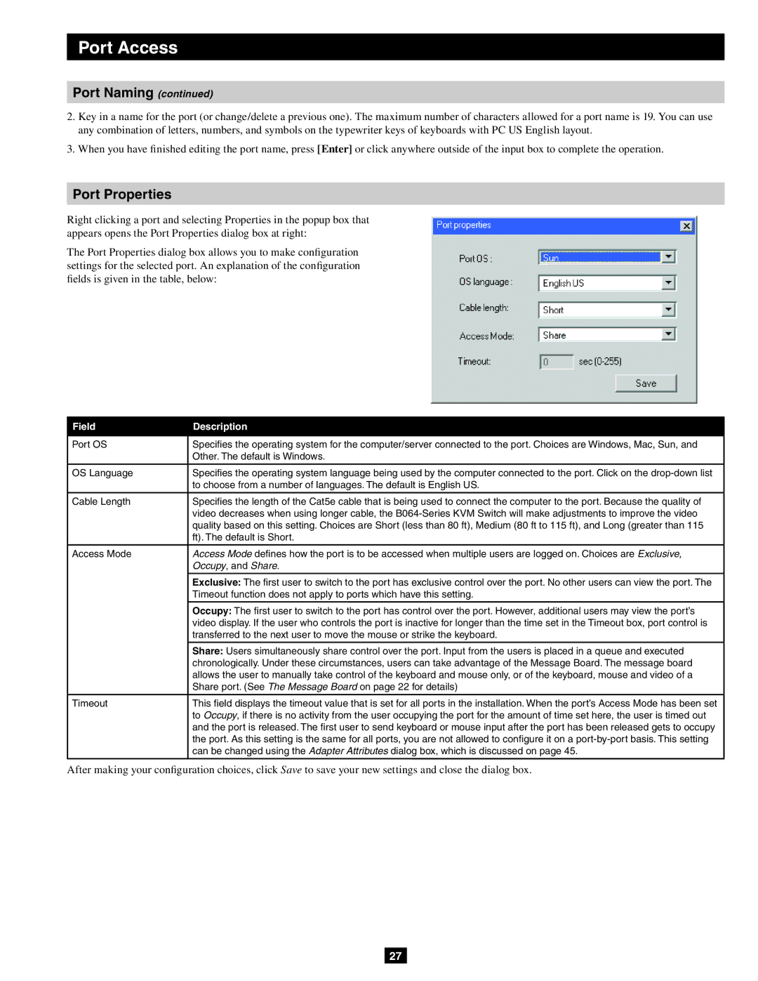 Tripp Lite B064-032-02-IP Port Properties, Field Description, Share port. See The Message Board on page 22 for details 