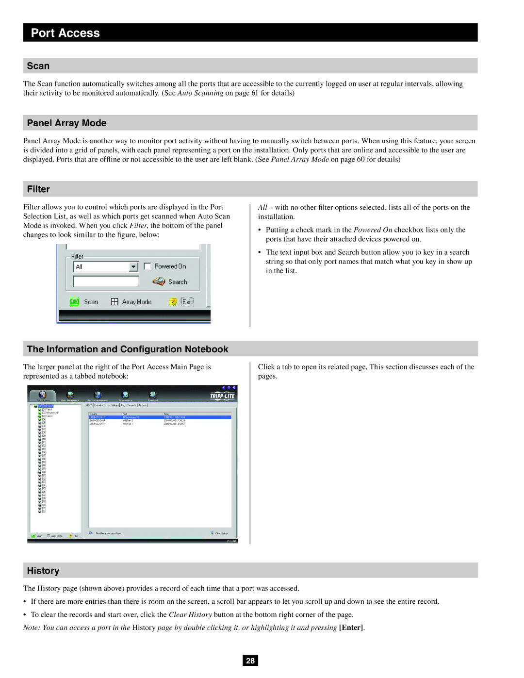 Tripp Lite B064-016-02-IP, B064-032-02-IP Scan, Panel Array Mode, Filter, Information and Configuration Notebook, History 