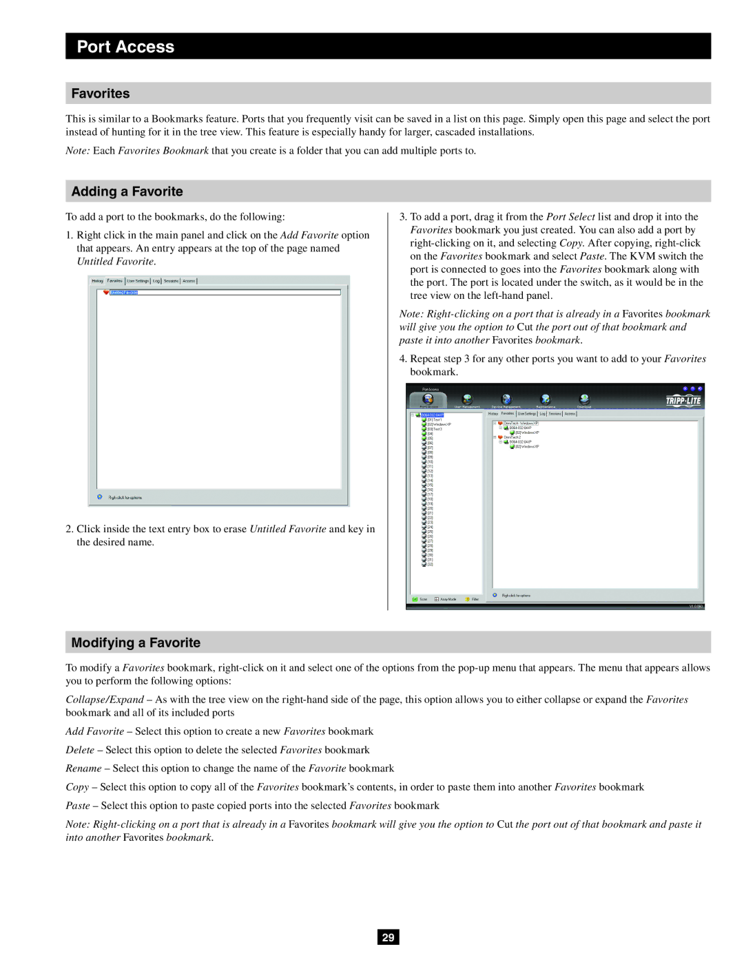 Tripp Lite B064-032-04-IP, B064-032-02-IP, B064-016-02-IP owner manual Favorites, Adding a Favorite, Modifying a Favorite 