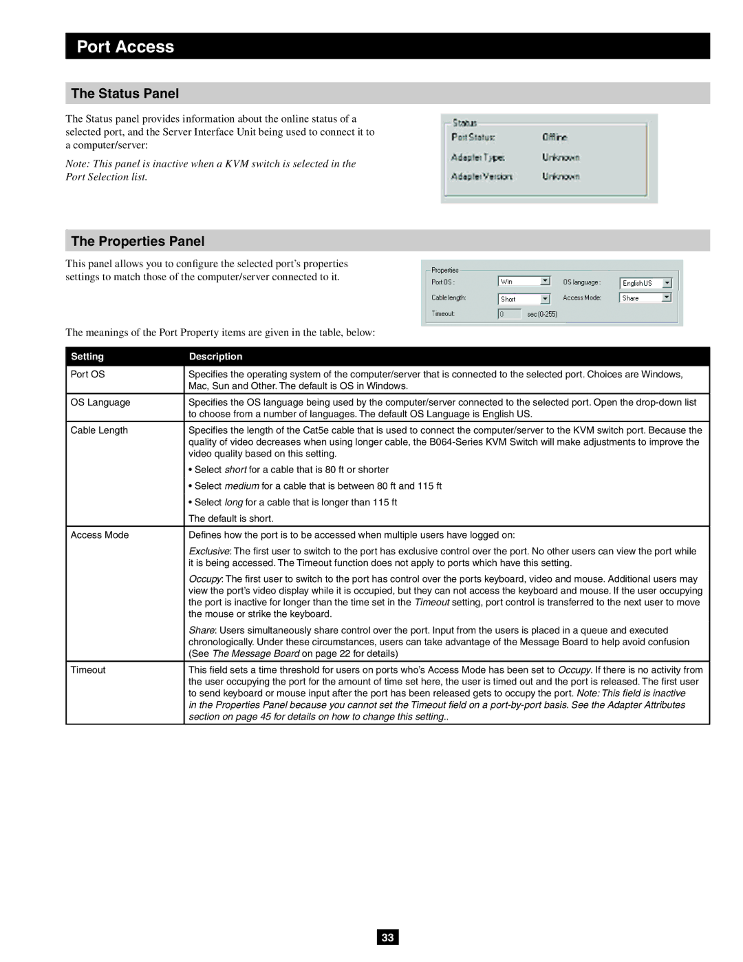 Tripp Lite B064-032-02-IP, B064-016-02-IP, B064-032-04-IP owner manual Status Panel, Properties Panel 