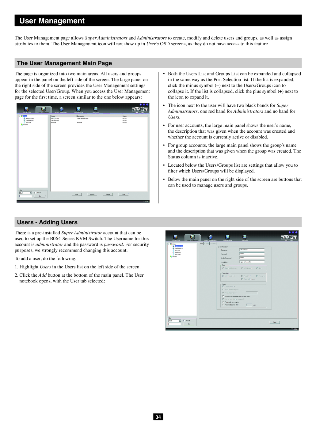 Tripp Lite B064-016-02-IP, B064-032-02-IP, B064-032-04-IP owner manual User Management Main, Users Adding Users 