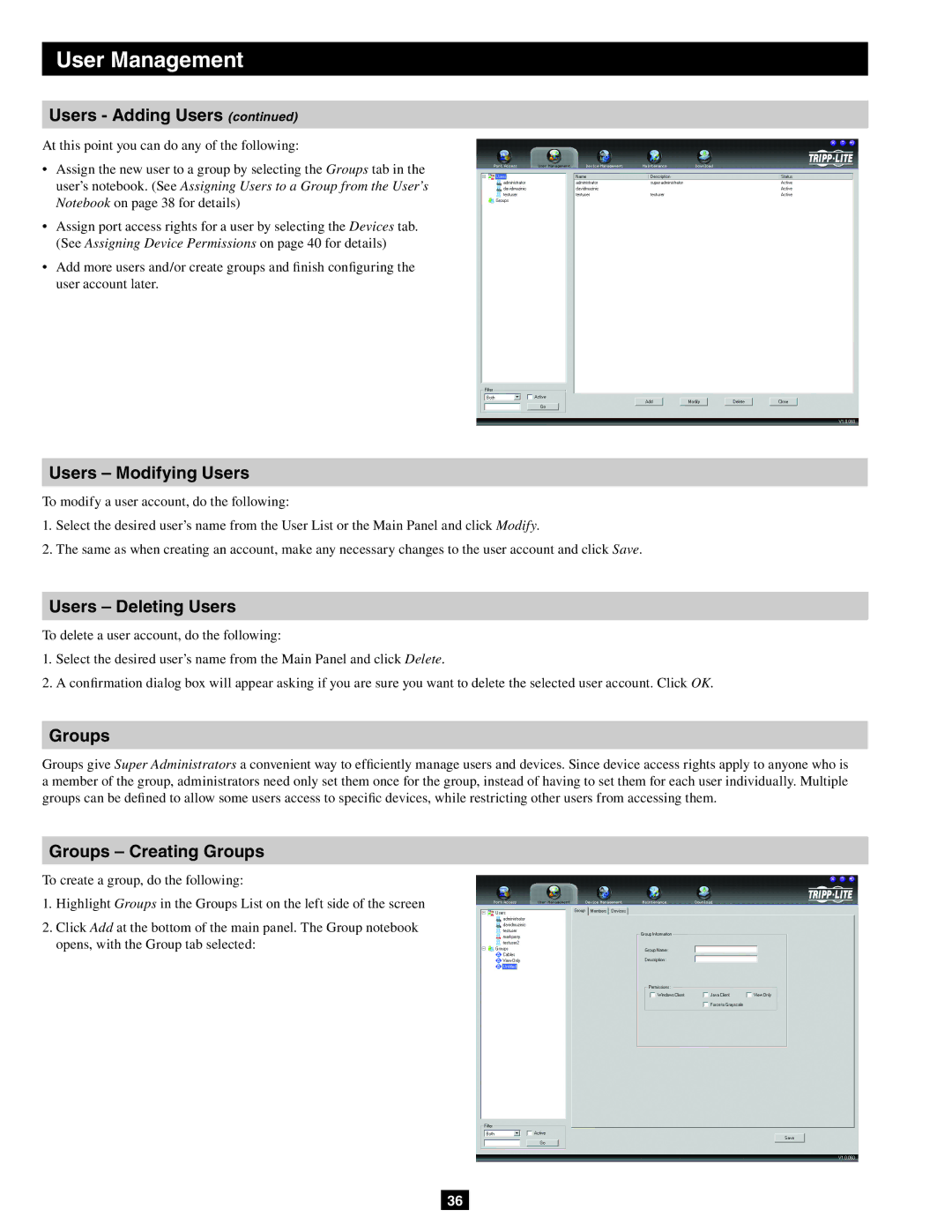 Tripp Lite B064-032-02-IP, B064-016-02-IP Users Modifying Users, Users Deleting Users, Groups Creating Groups 