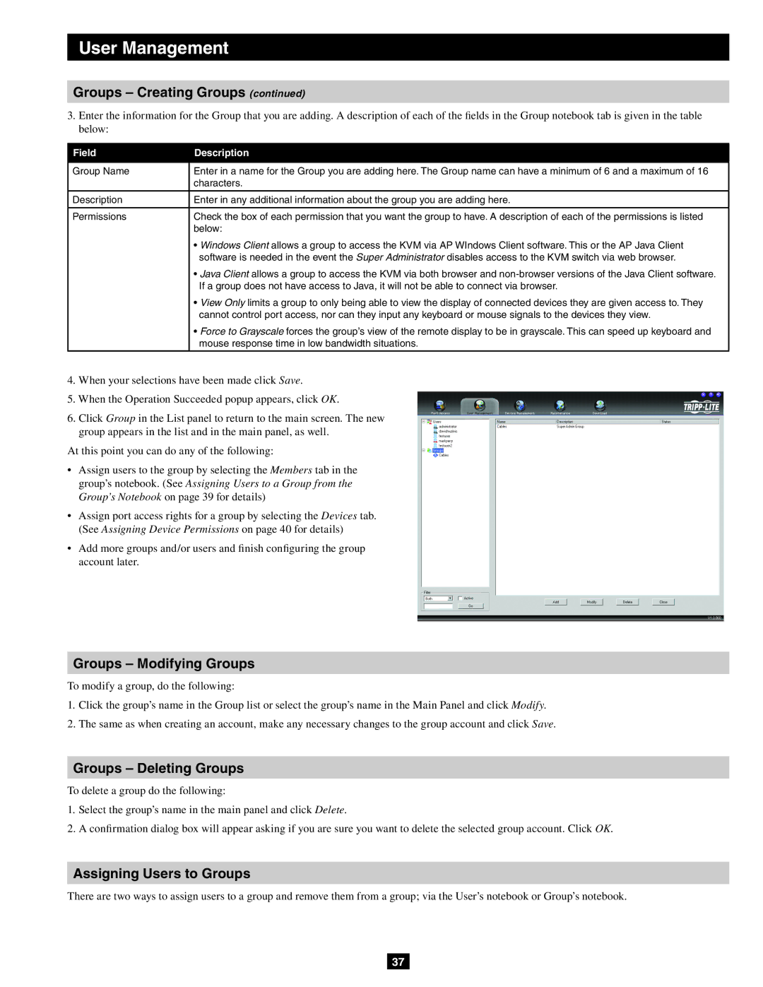 Tripp Lite B064-016-02-IP, B064-032-02-IP Groups Modifying Groups, Groups Deleting Groups, Assigning Users to Groups 