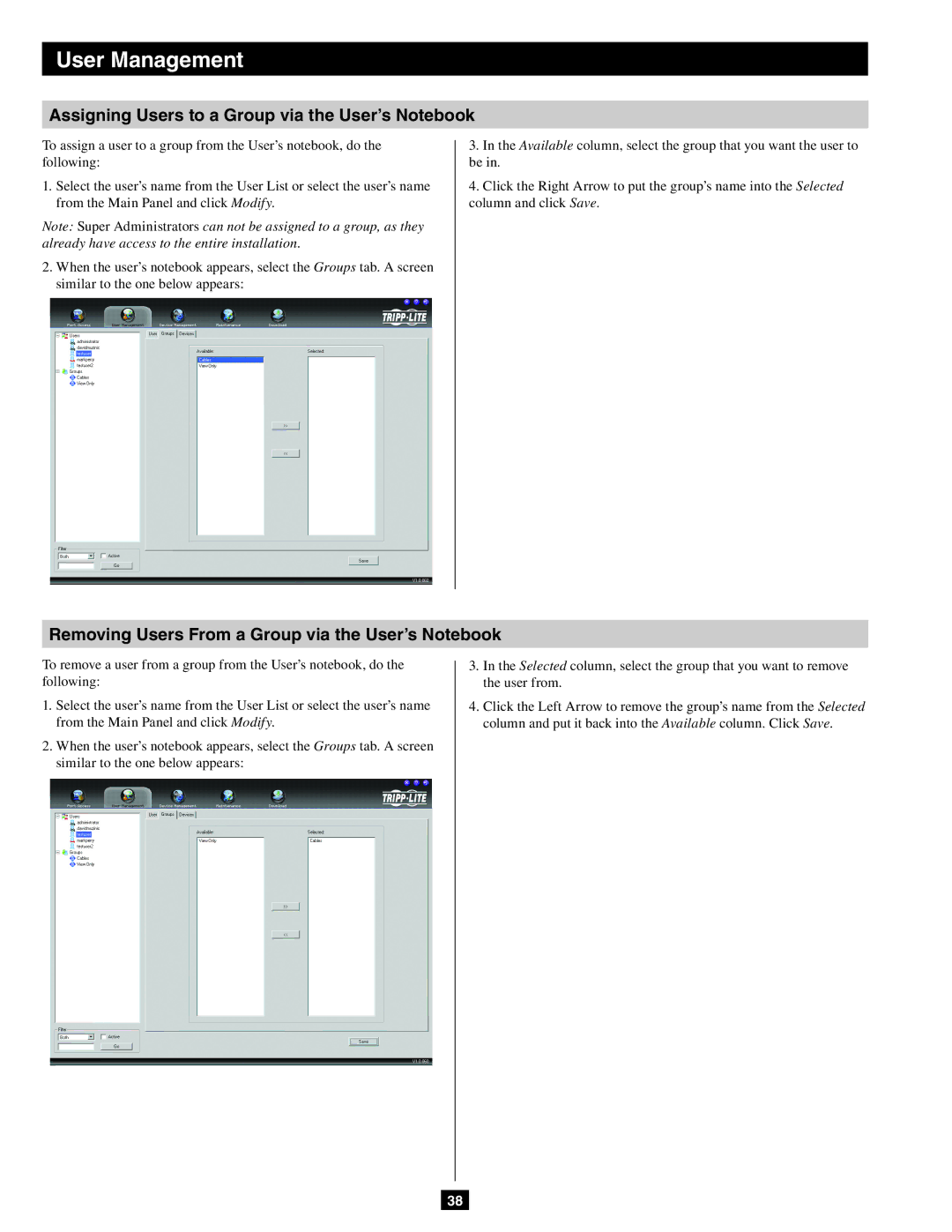 Tripp Lite B064-032-04-IP, B064-032-02-IP, B064-016-02-IP owner manual Assigning Users to a Group via the User’s Notebook 