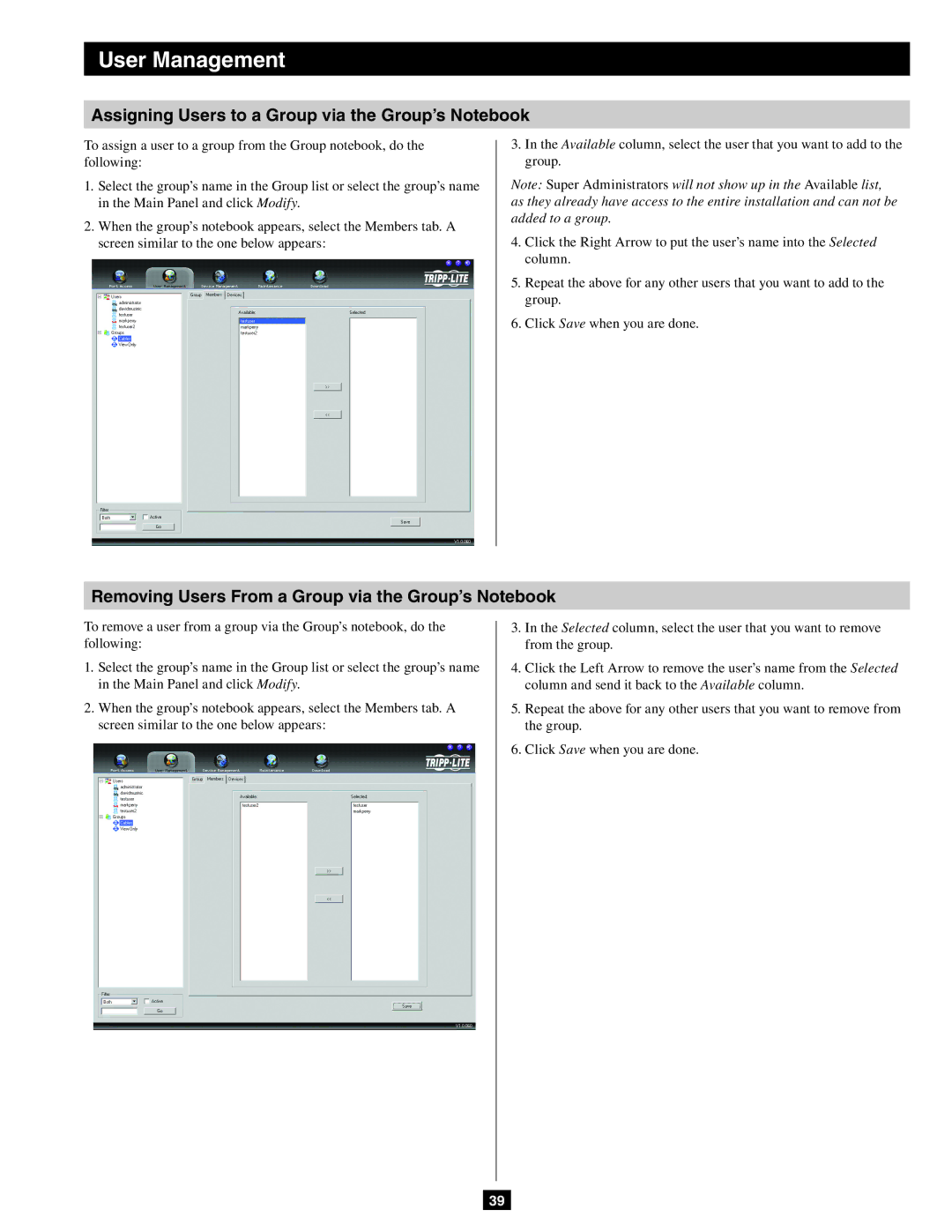 Tripp Lite B064-032-02-IP, B064-016-02-IP, B064-032-04-IP owner manual Assigning Users to a Group via the Group’s Notebook 