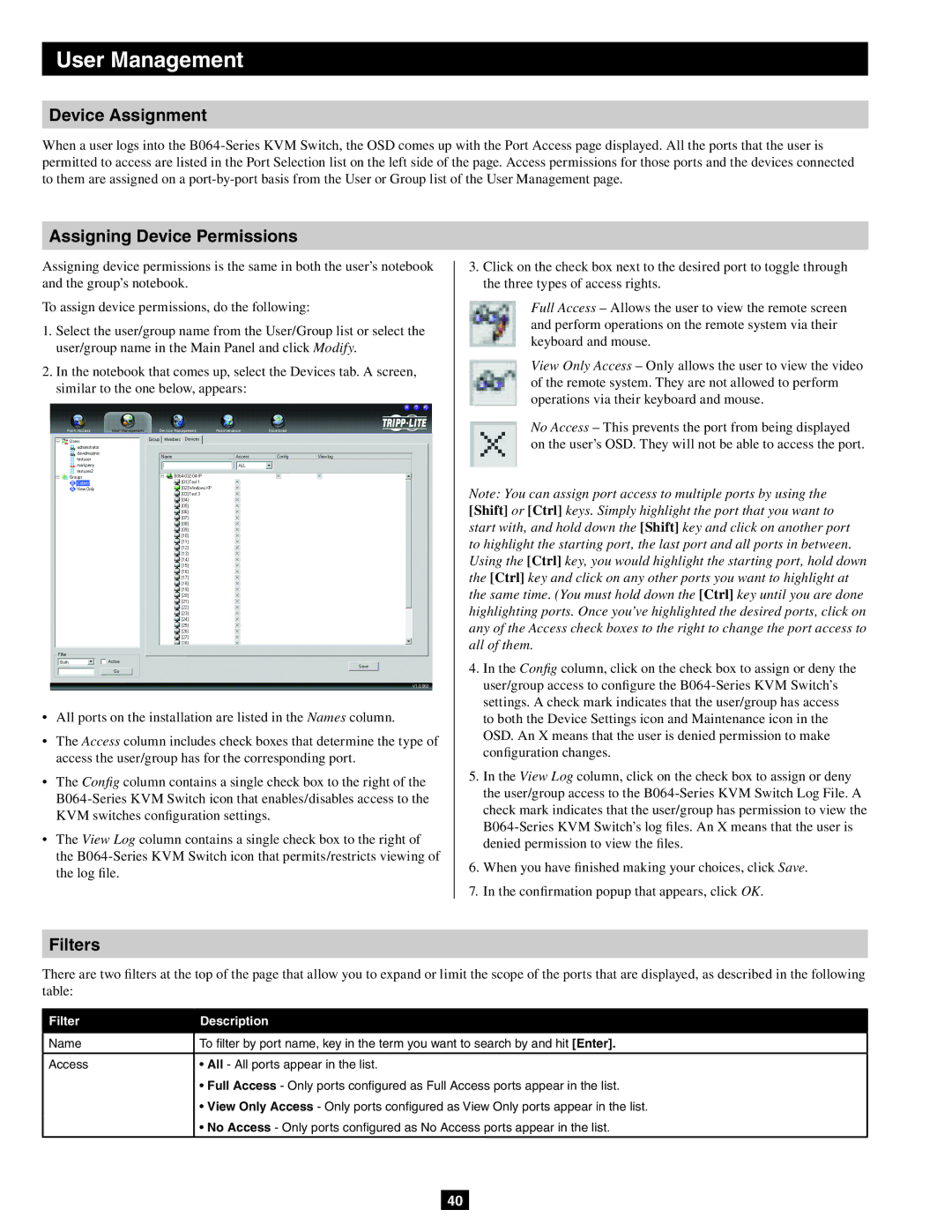 Tripp Lite B064-016-02-IP, B064-032-02-IP owner manual Device Assignment, Assigning Device Permissions, Filters, Name Access 