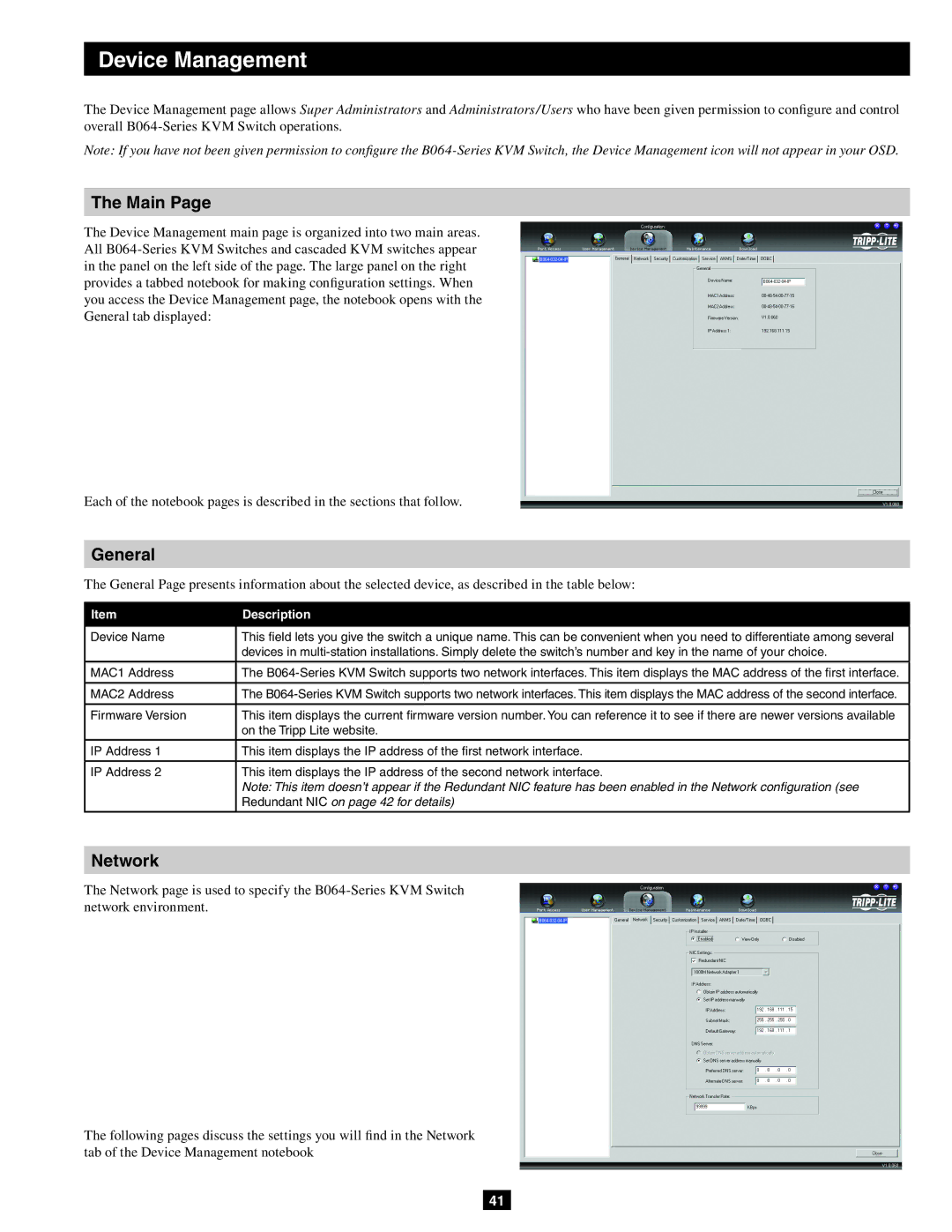 Tripp Lite B064-032-04-IP, B064-032-02-IP, B064-016-02-IP owner manual Device Management, Main, General, Network 