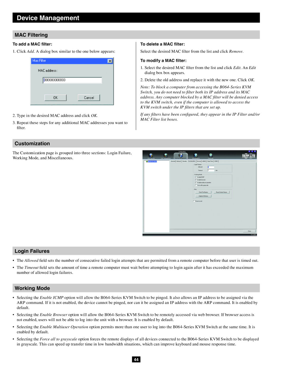 Tripp Lite B064-032-04-IP, B064-032-02-IP, B064-016-02-IP MAC Filtering, Customization, Login Failures, Working Mode 