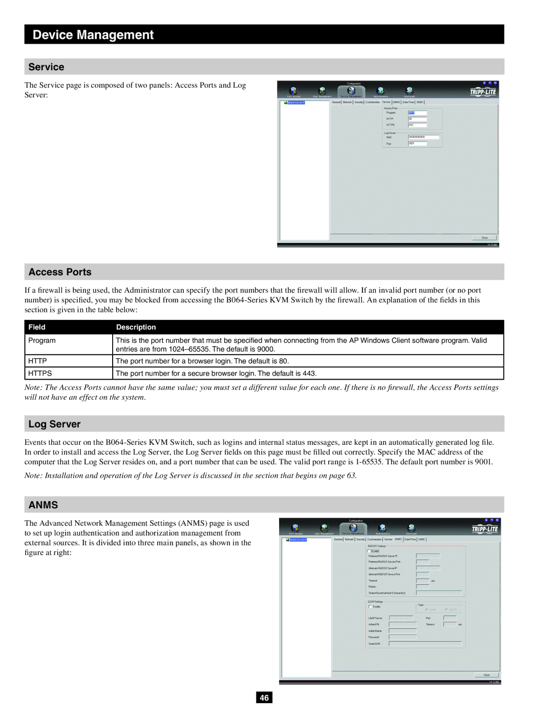 Tripp Lite B064-016-02-IP owner manual Service, Access Ports, Log Server, Port number for a browser login. The default is 