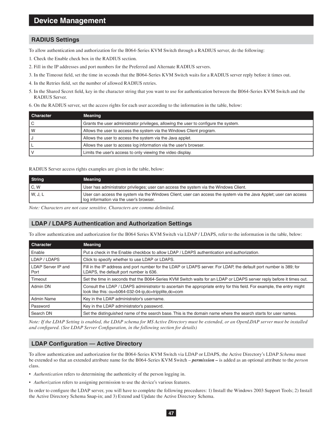 Tripp Lite B064-032-04-IP Radius Settings, Ldap / Ldaps Authentication and Authorization Settings, Character Meaning 