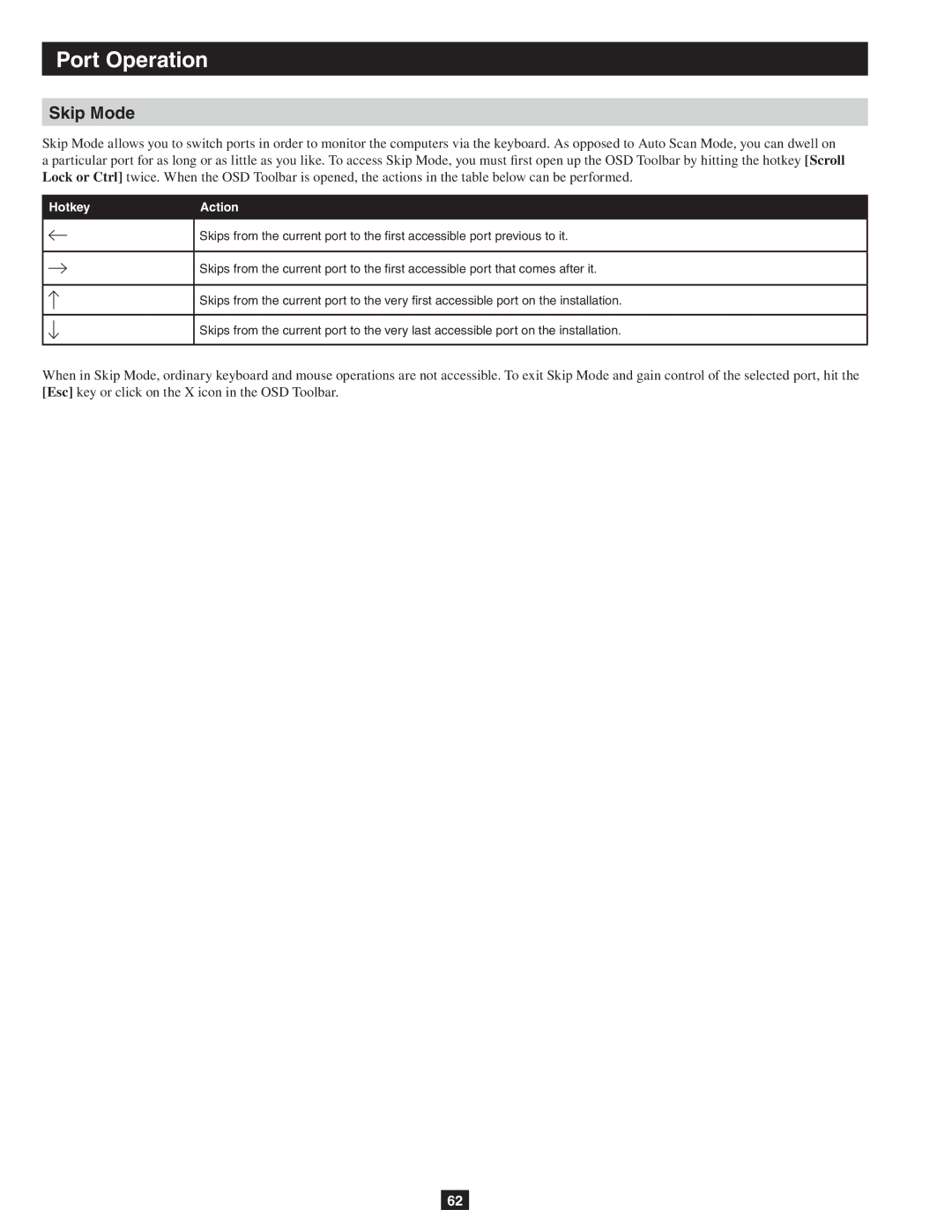 Tripp Lite B064-032-04-IP, B064-032-02-IP, B064-016-02-IP owner manual Skip Mode, Hotkey Action 