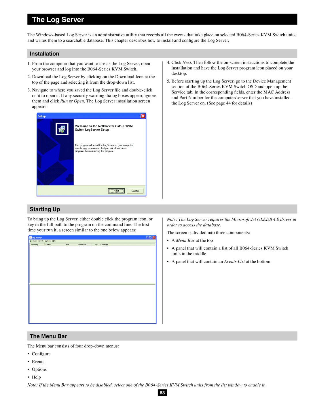 Tripp Lite B064-032-02-IP, B064-016-02-IP, B064-032-04-IP owner manual Log Server, Installation, Starting Up, Menu Bar 