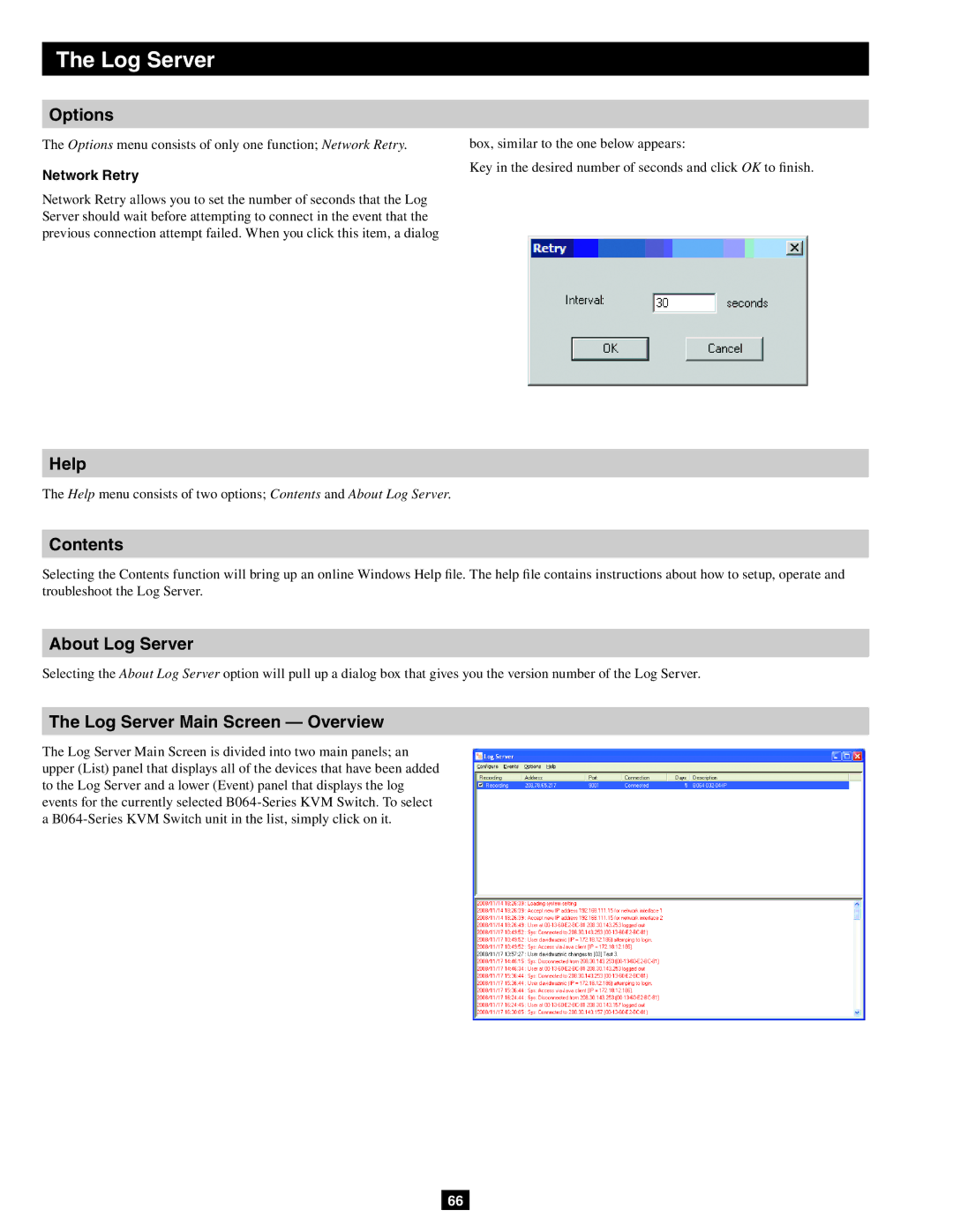 Tripp Lite B064-032-02-IP, B064-016-02-IP, B064-032-04-IP Help, Contents, About Log Server, Log Server Main Screen Overview 