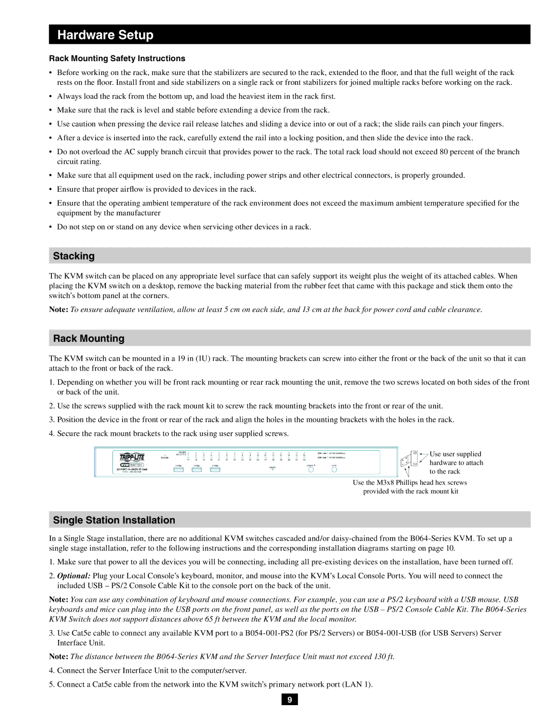 Tripp Lite B064-032-02-IP, B064-016-02-IP Stacking, Single Station Installation, Rack Mounting Safety Instructions 