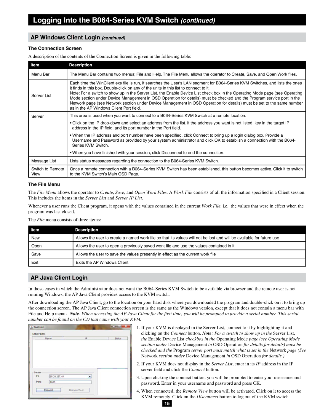 Tripp Lite B064-016-02-IPG, B064-032-04-IPG, B064-032-02-IPG owner manual AP Java Client Login, Connection Screen, File Menu 