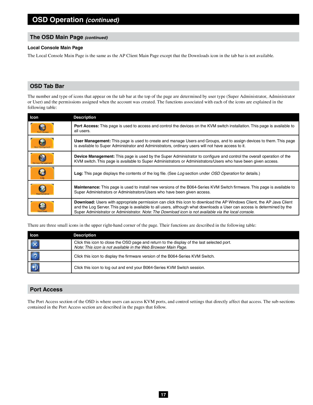 Tripp Lite B064-032-02-IPG, B064-032-04-IPG, B064-016-04-IPG OSD Tab Bar, Port Access, Local Console Main, Icon Description 