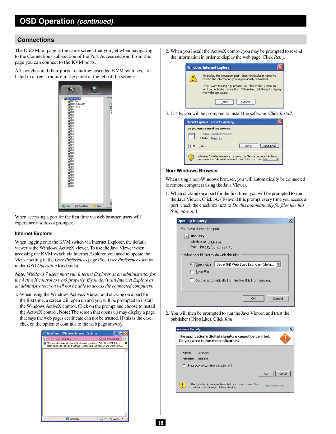 Tripp Lite B064-016-04-IPG, B064-032-04-IPG, B064-032-02-IPG owner manual Connections, Internet Explorer, Non-Windows Browser 