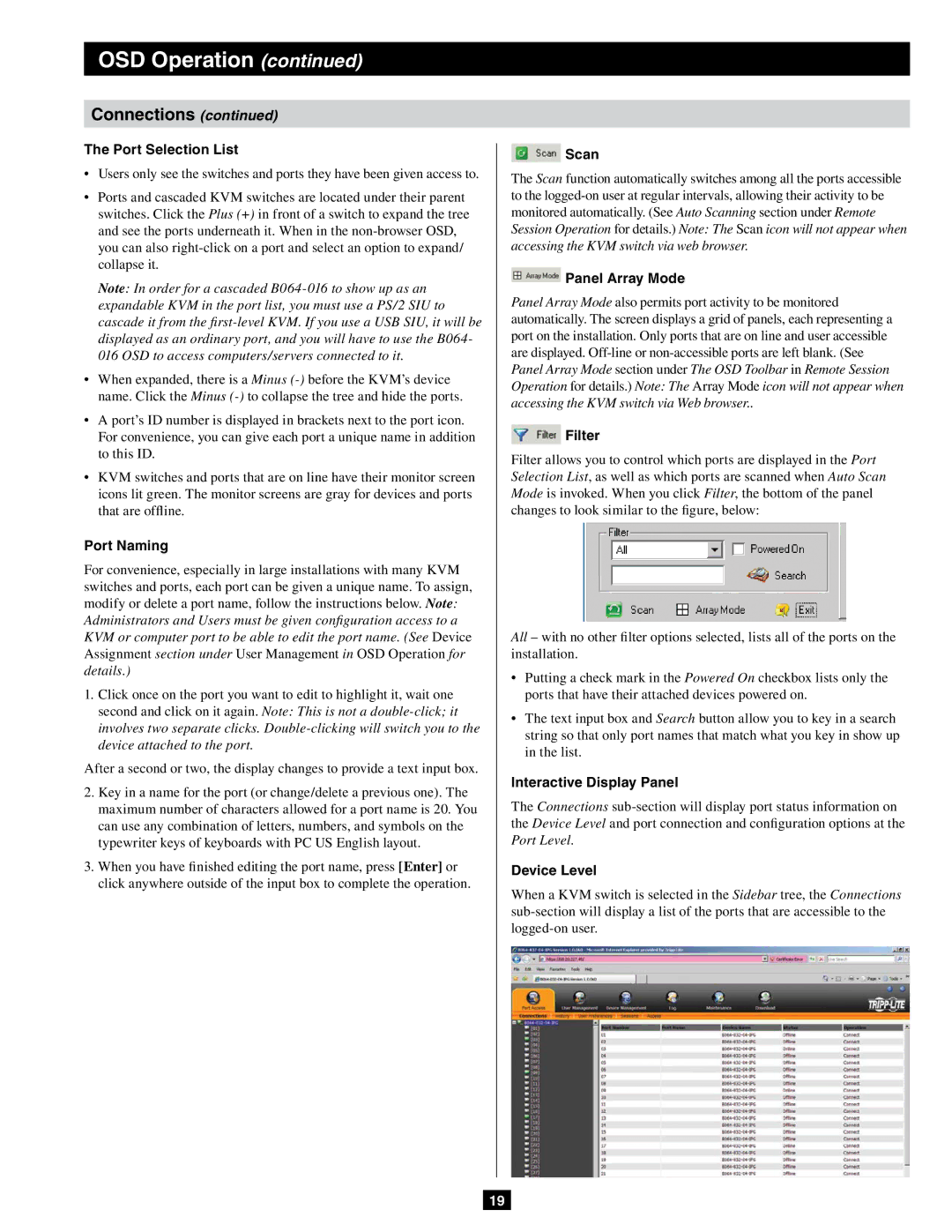 Tripp Lite B064-016-02-IPG Port Selection List, Port Naming, Scan, Panel Array Mode, Filter, Interactive Display Panel 