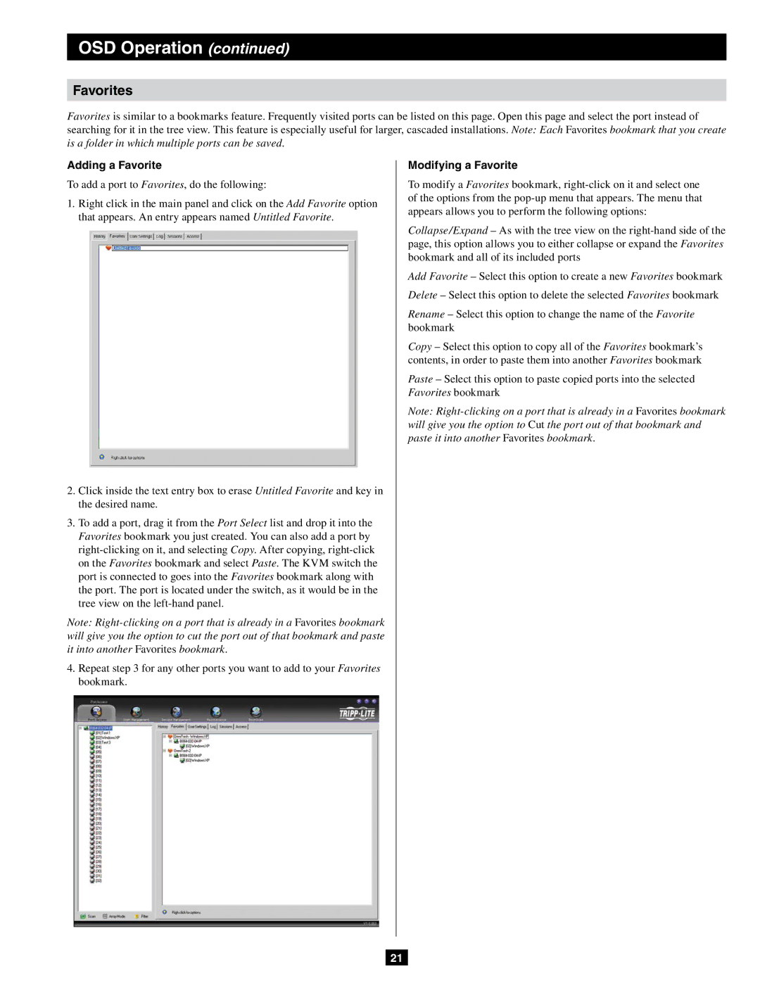 Tripp Lite B064-032-02-IPG, B064-032-04-IPG, B064-016-04-IPG owner manual Favorites, Adding a Favorite, Modifying a Favorite 