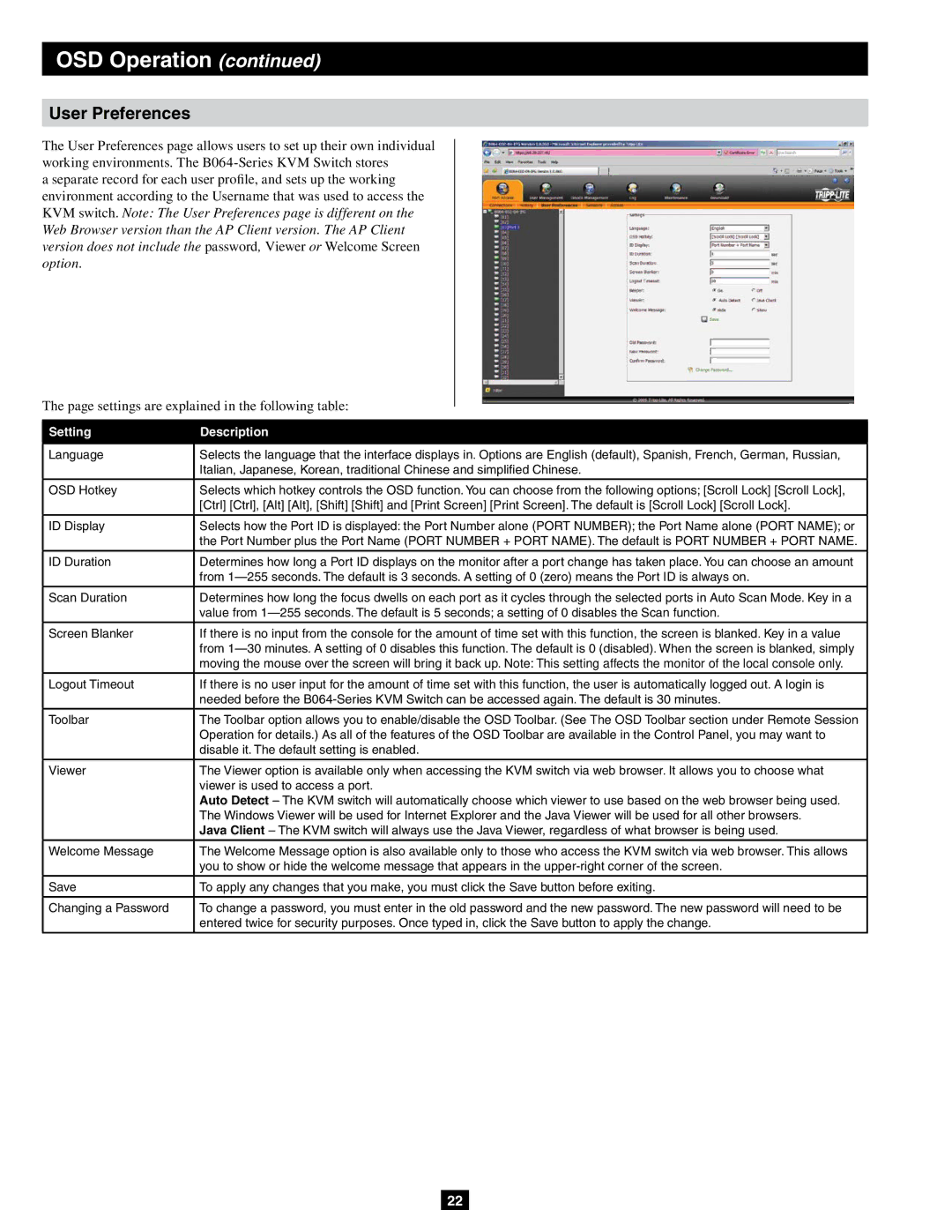 Tripp Lite B064-016-04-IPG, B064-032-04-IPG User Preferences, Setting Description, Scan Duration, Welcome Message 